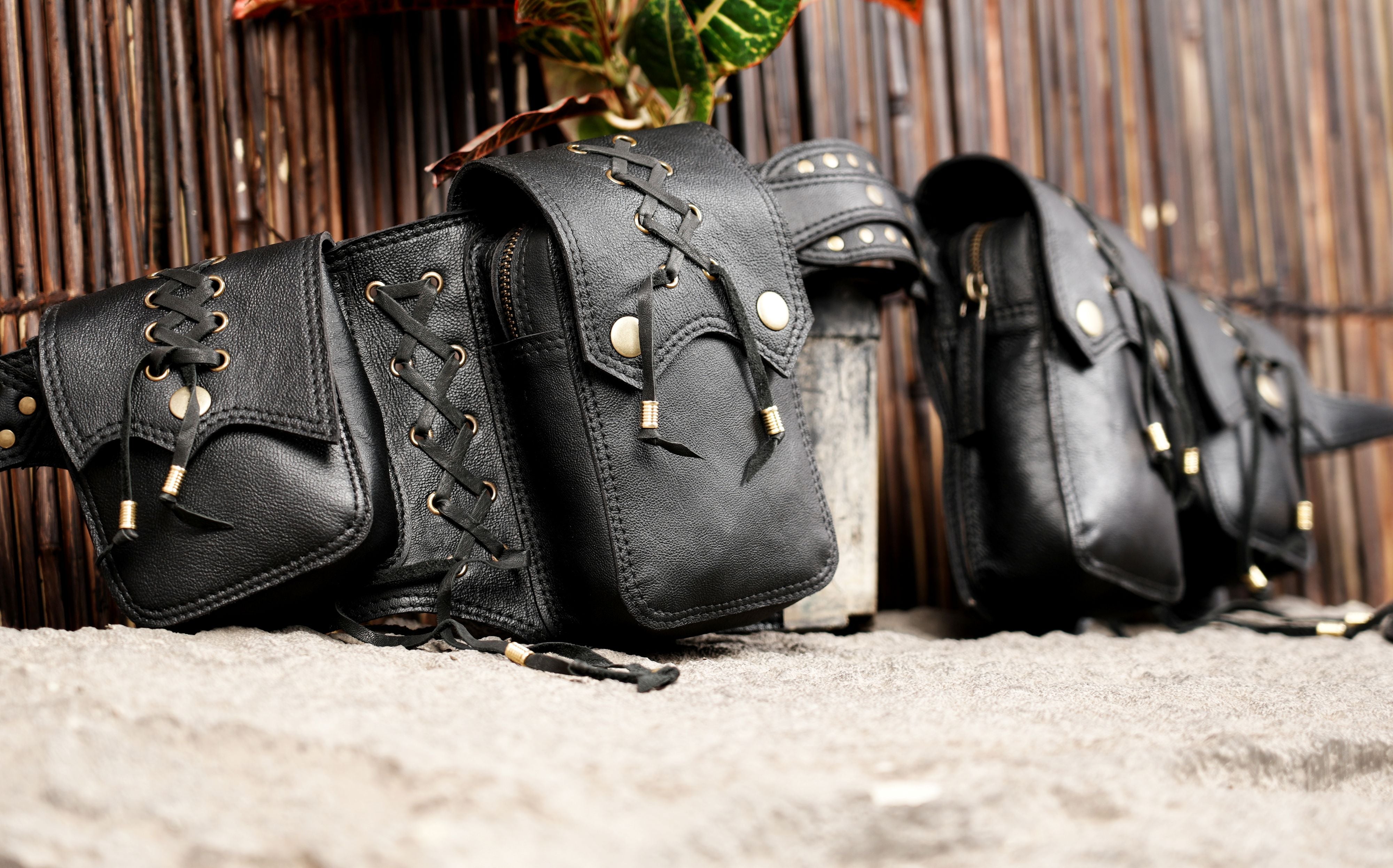 Black Leather Multi-Pocket Utility Waist Belt || Handmade Leather Festival Belt with Lace-Up Pouches (LT/AB/WB/6068)