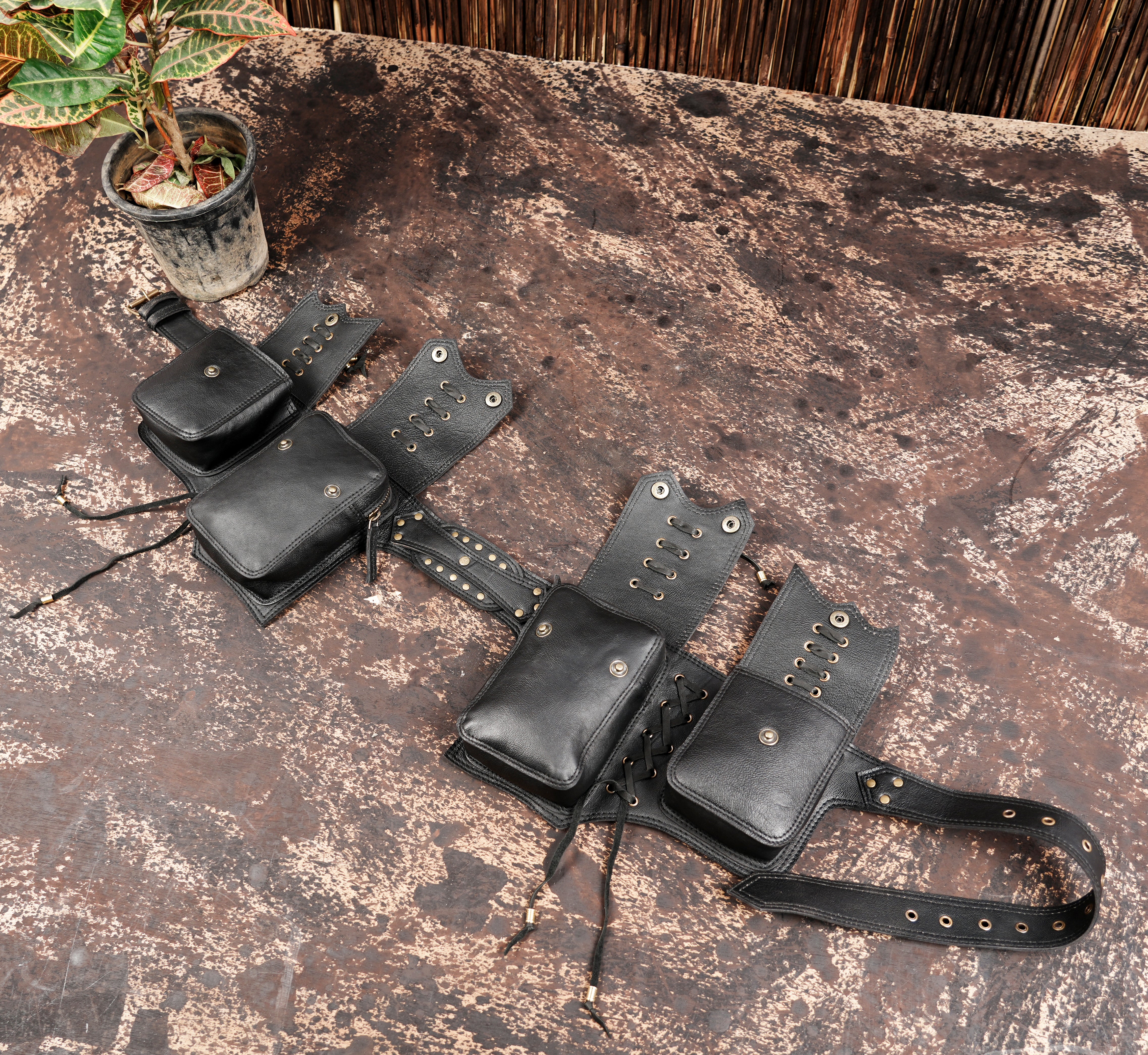 Black leather belt with handcrafted pockets and studs