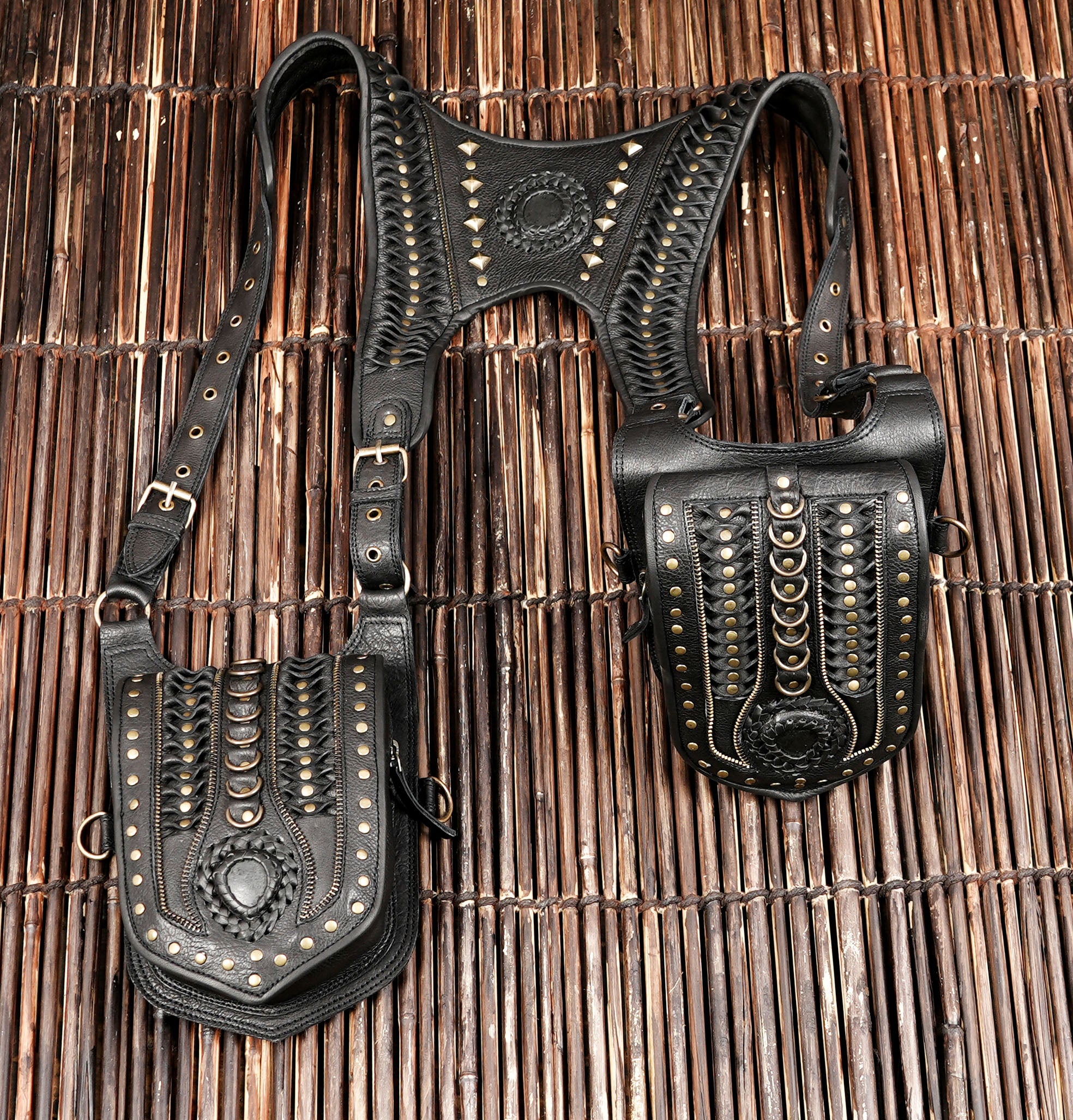 Handmade Black Leather Shoulder Holster Harness with Dual Utility Pouches | Adjustable Chest Rig | Gothic Steampunk Leather Holster (LT/AB/HLS/6053)