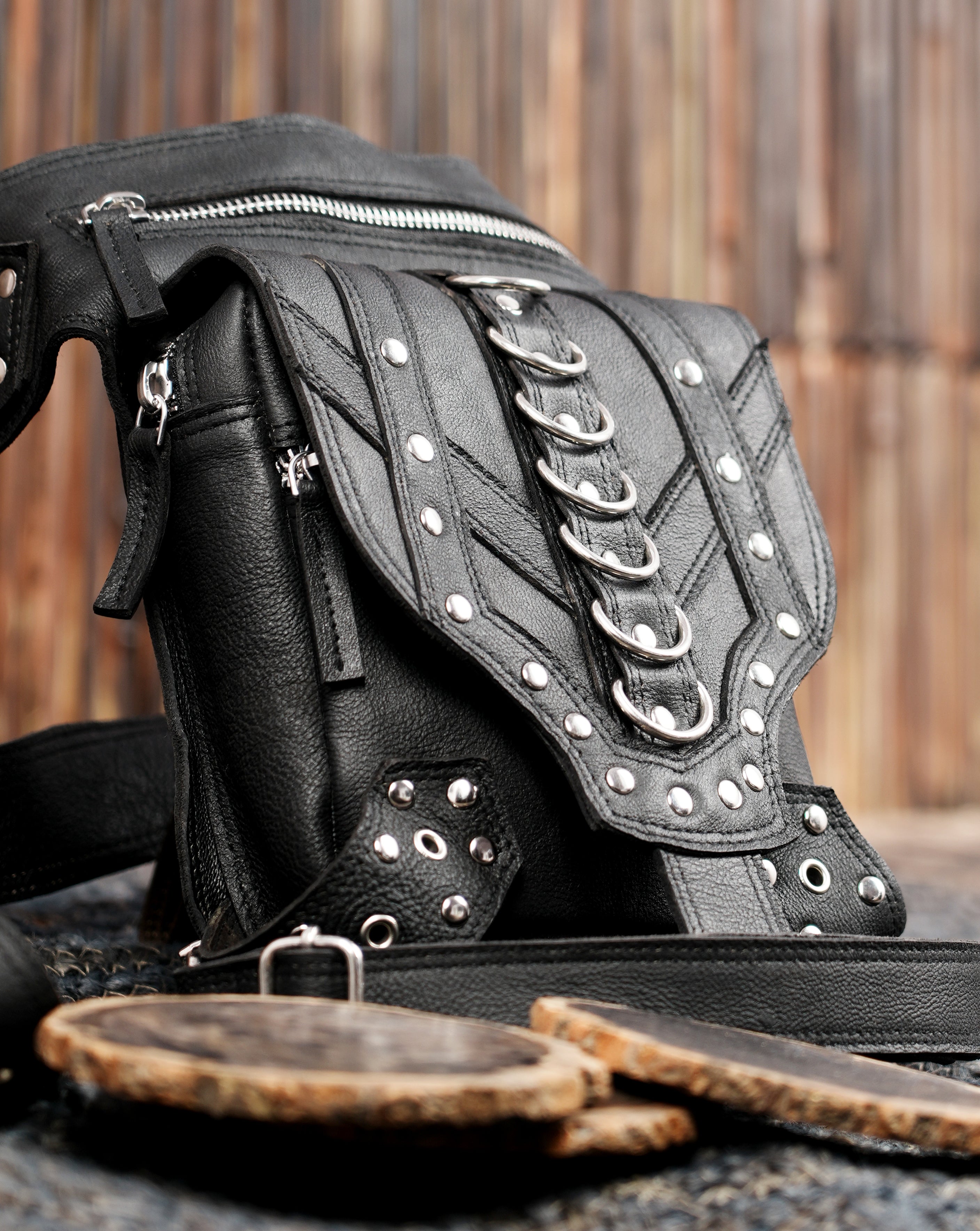 Steampunk style black leather thigh belt with zip pocket