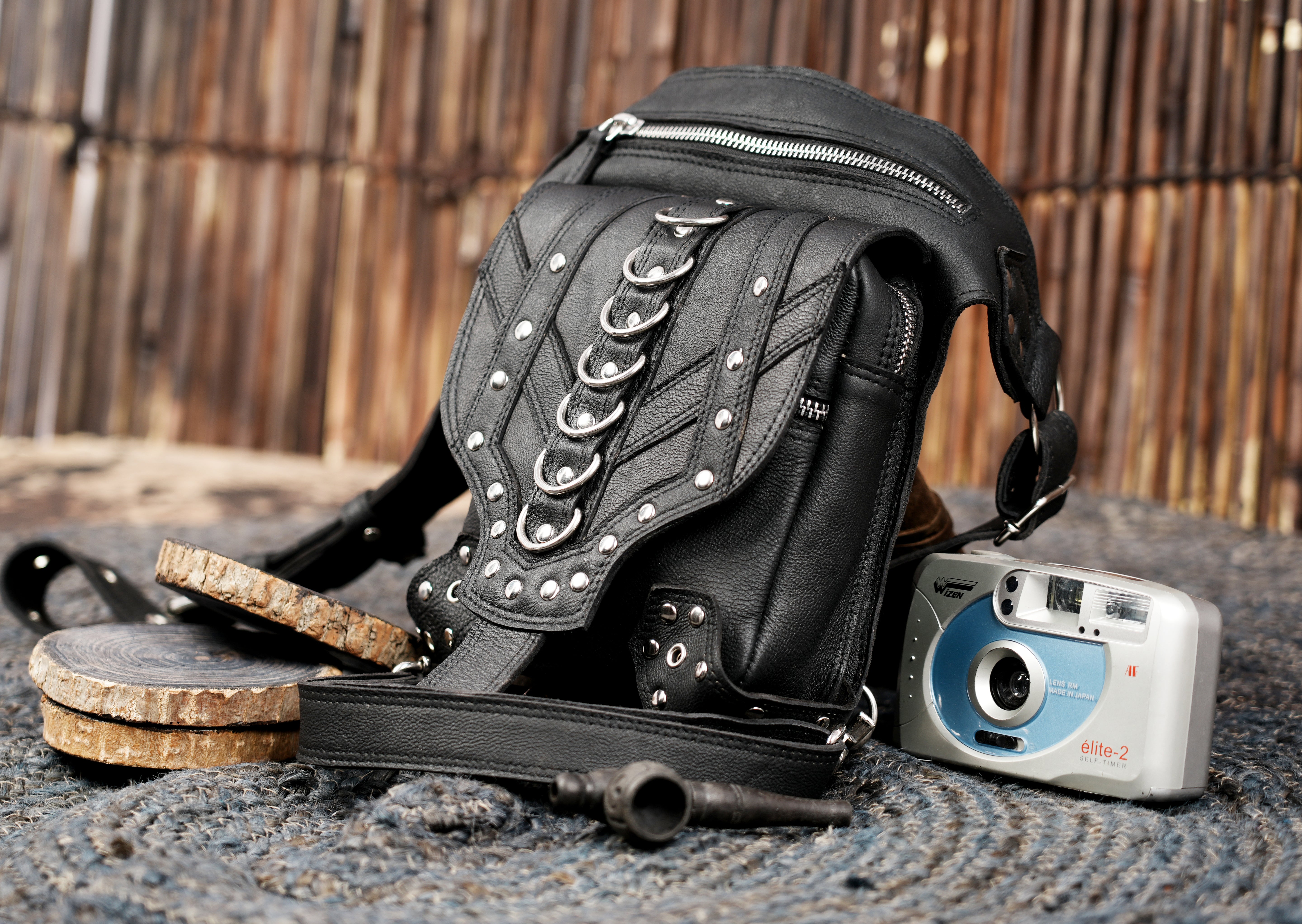 Gothic leather thigh harness belt with metal rings and studs