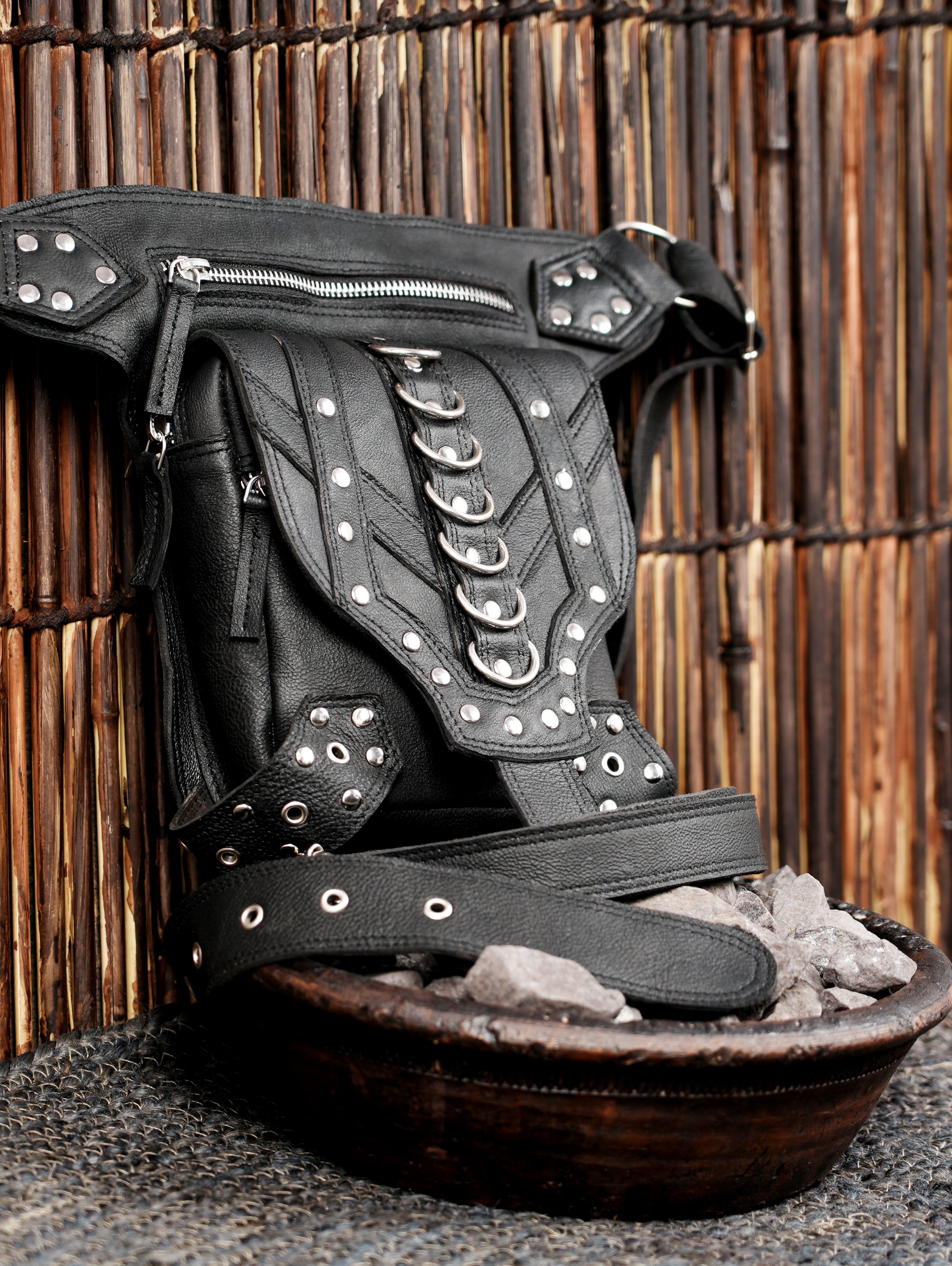 Leather festival belt with thigh harness and metal accents