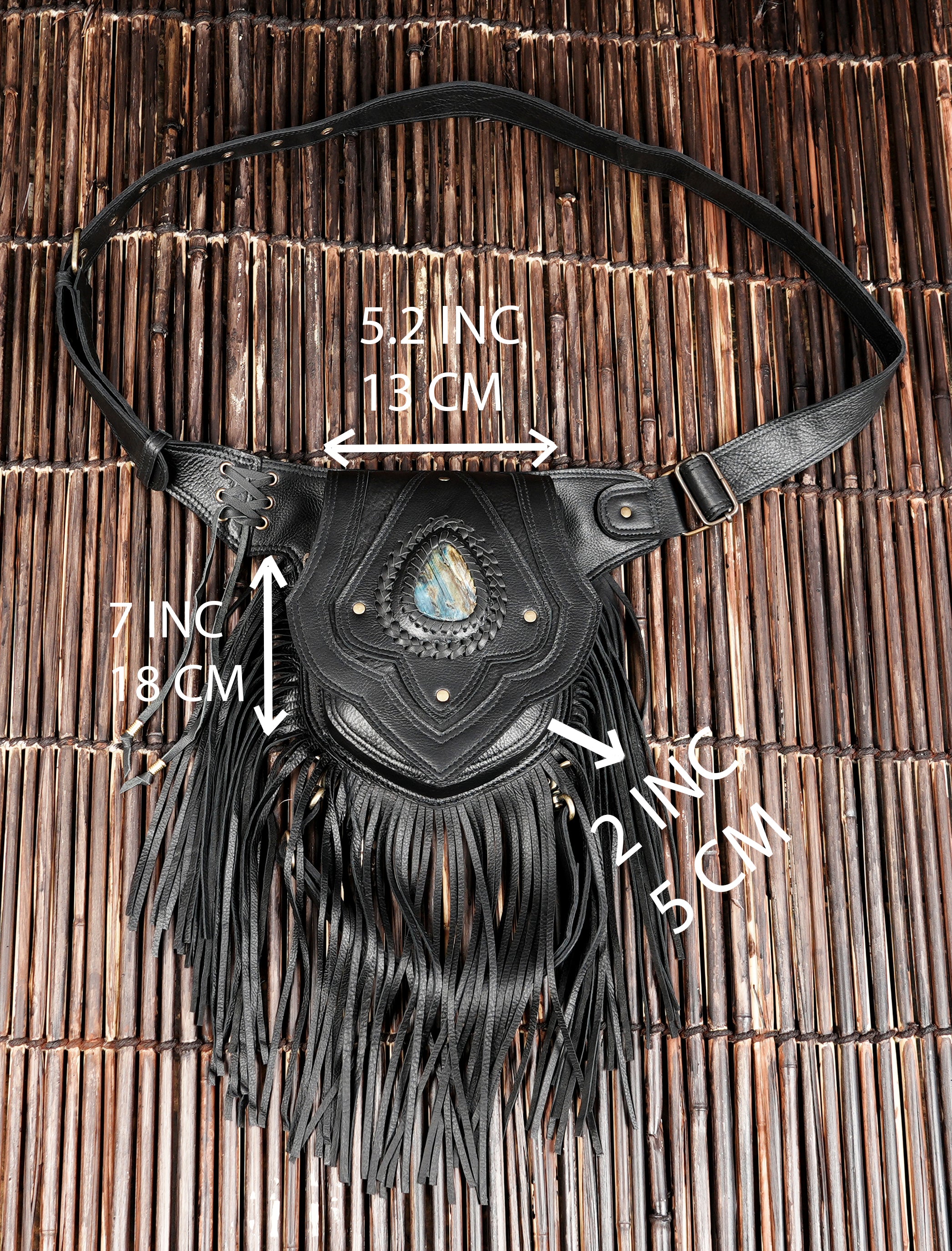 Festival leather fringe belt with braided gemstone detail