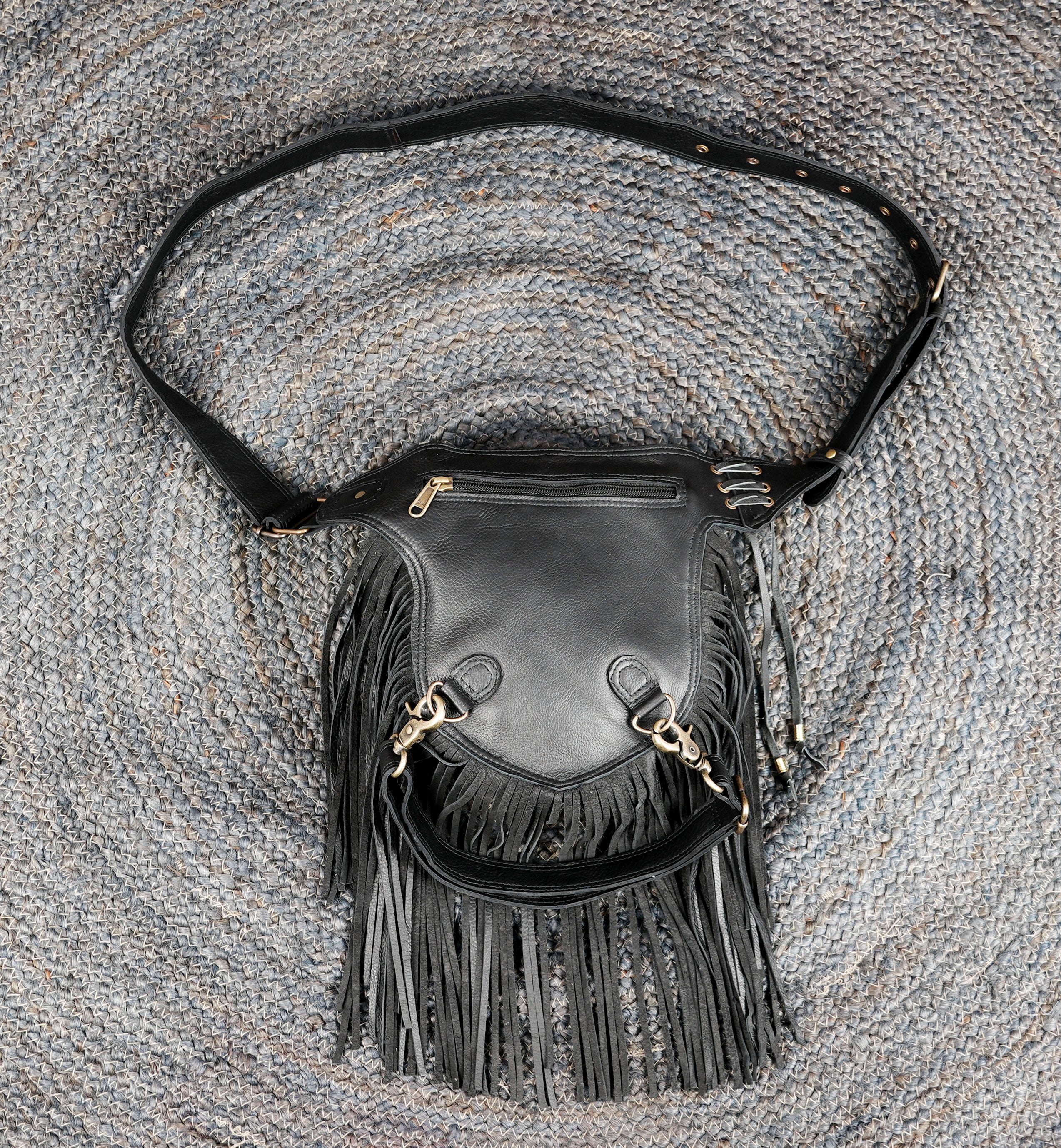 Adjustable boho leather hip belt with textured layers and gemstone