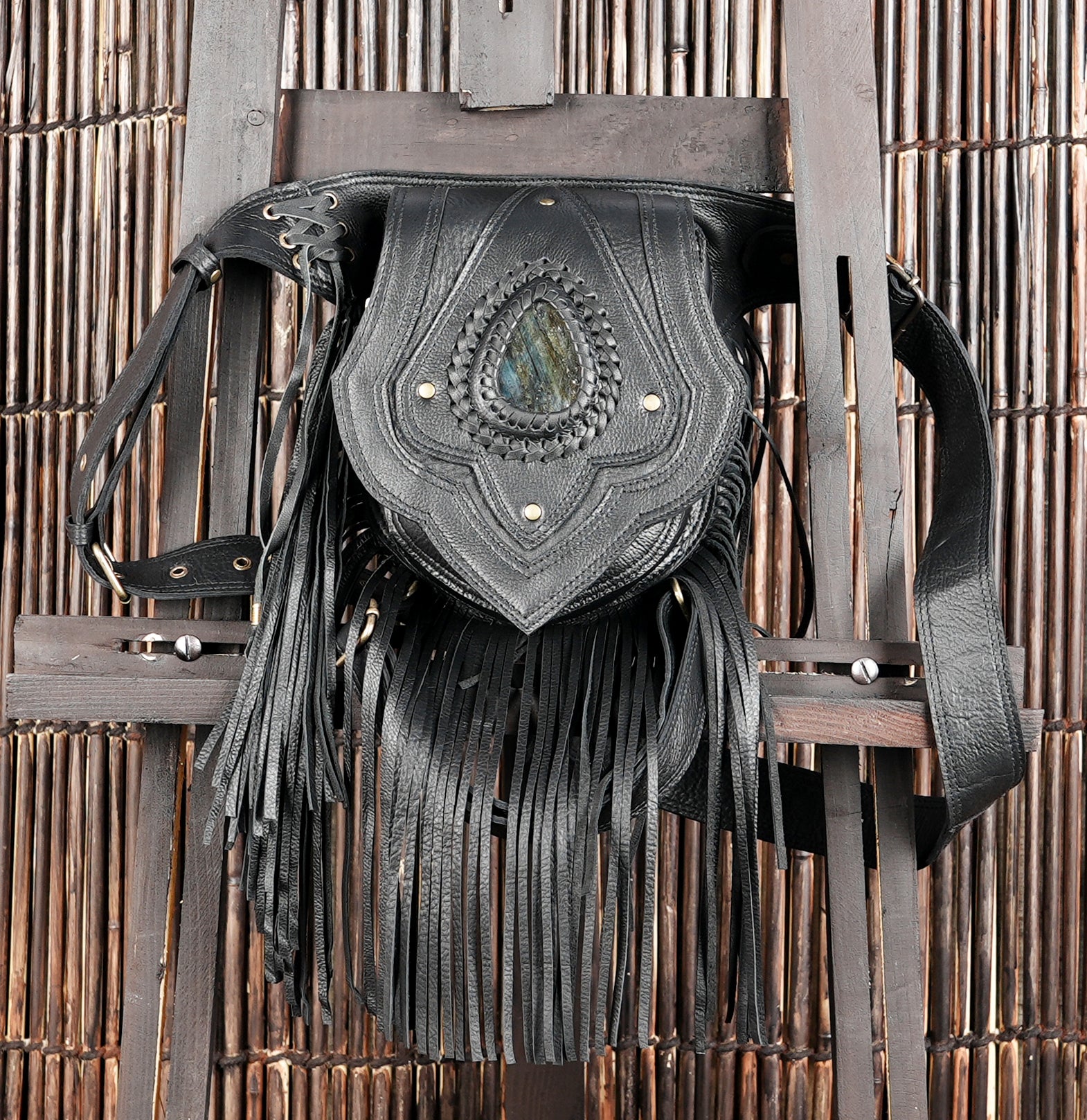 Statement leather fringe belt with natural gemstone decoration