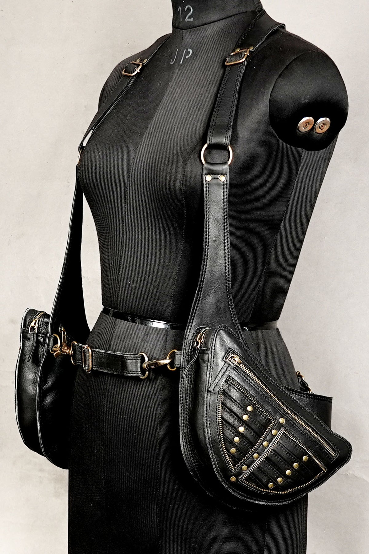 Black Leather Shoulder Harness Bag Unisex Festival Chest Pack with Studded Pockets