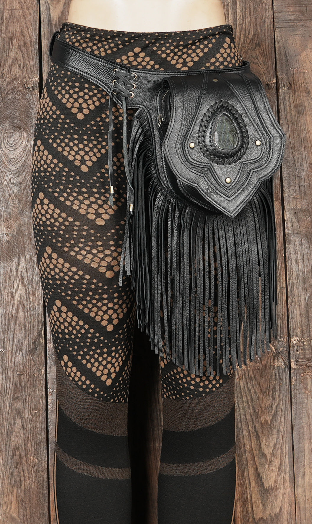 Women’s festival accessory belt with black leather and fringe