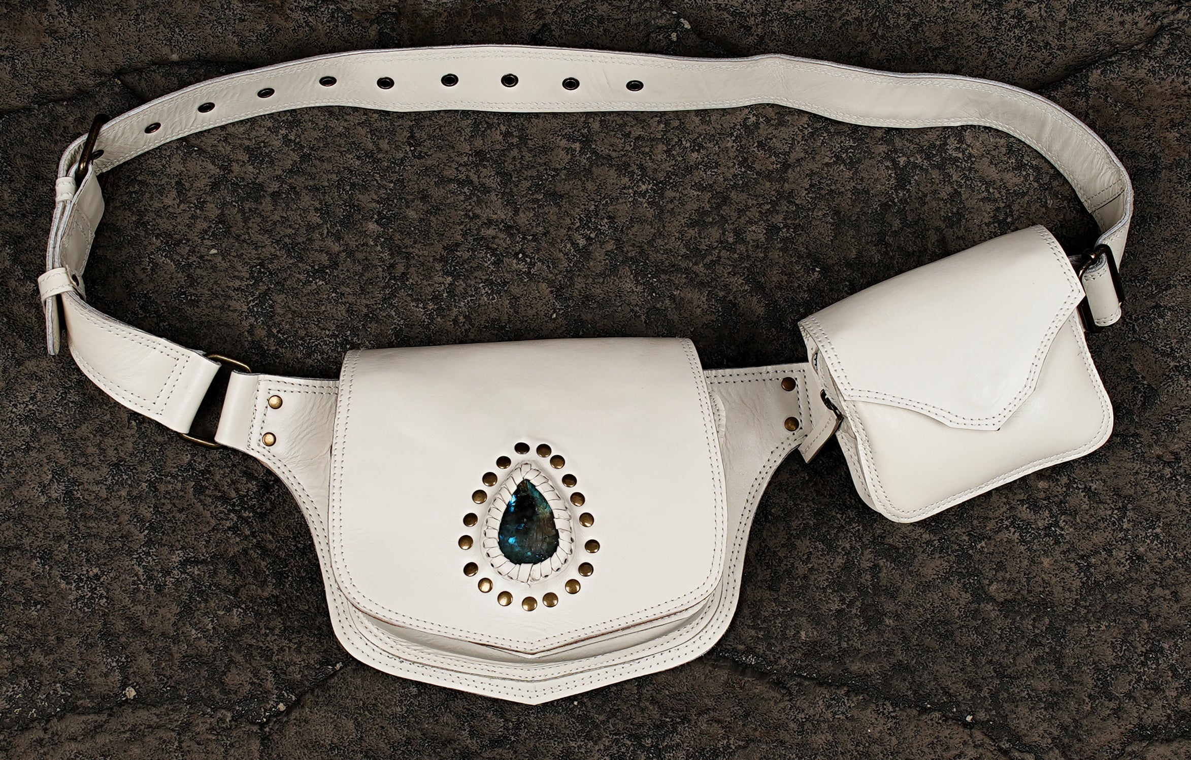 Handmade Leather Utility Belt Bag with Labradorite Stone – Adjustable Pocket Belt with Double Pouches, Festival Hip Bag