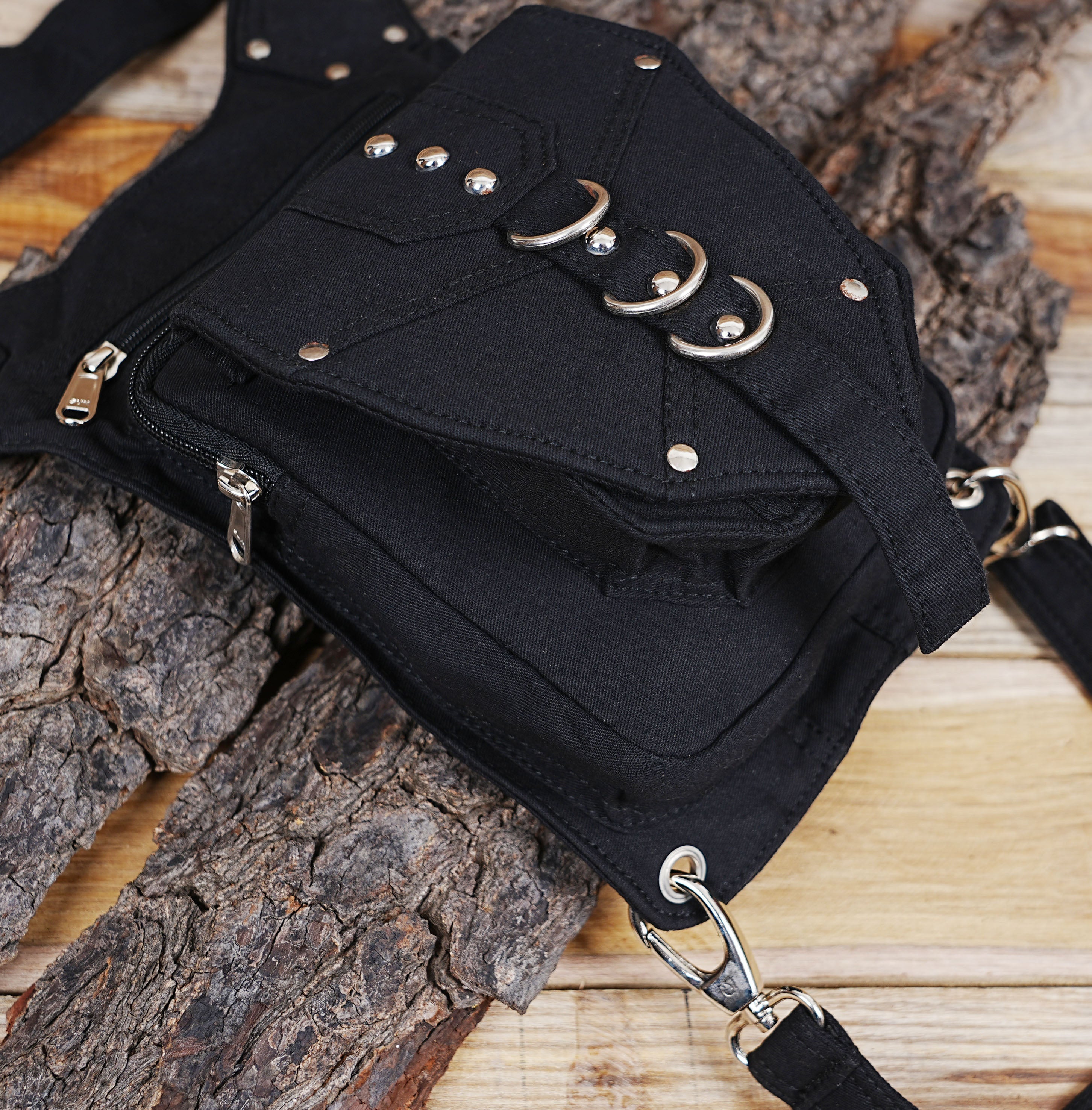 BLACK Cotton Hip Belt Bag || Traveller Black Canvas Vegan || Festival Utility Pocket Belt ||