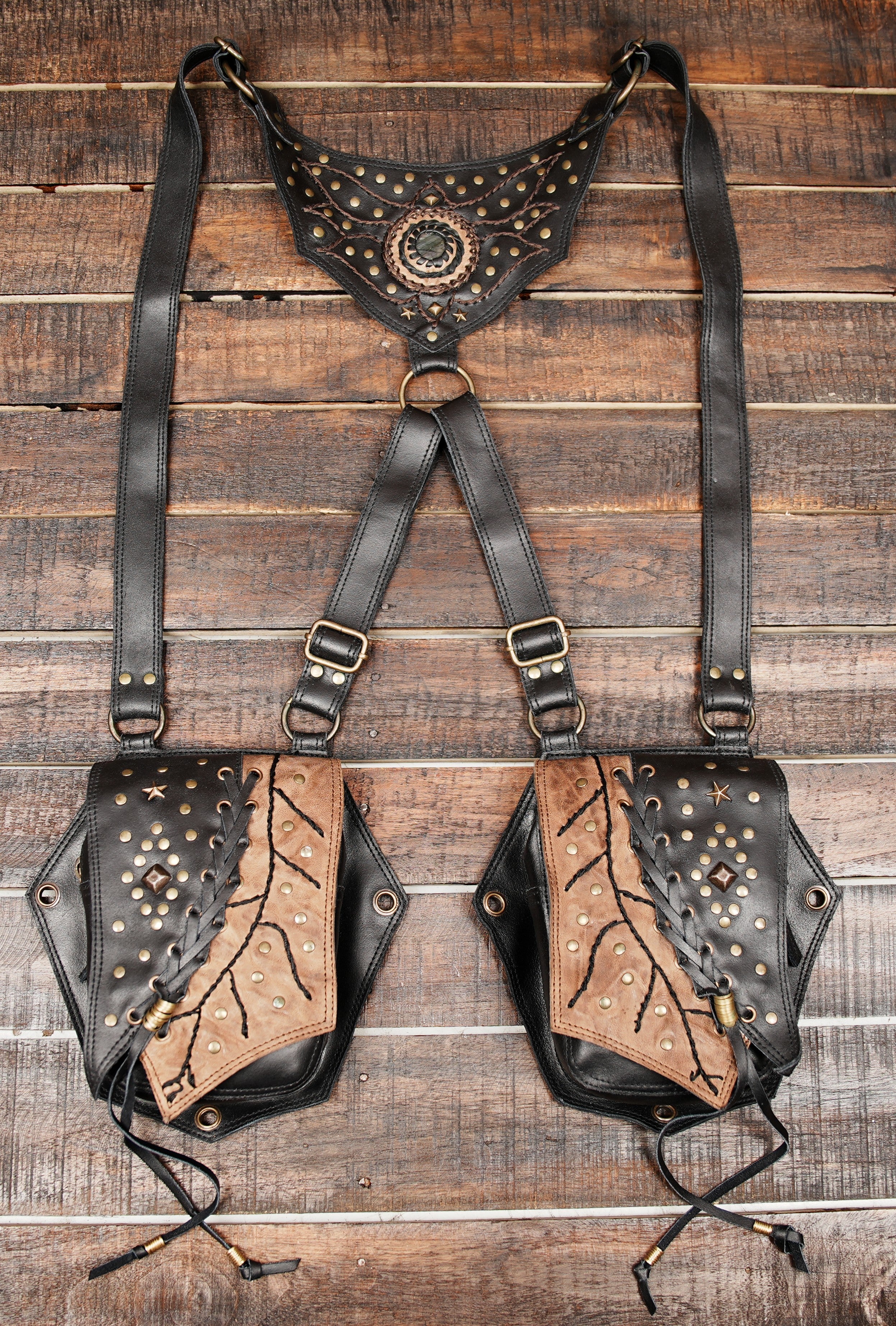 Handmade leather shoulder holster with dual pouches || Tribal leather chest rig with stud work || Travel leather utility shoulder rig (LT/AB/HLS/6060)