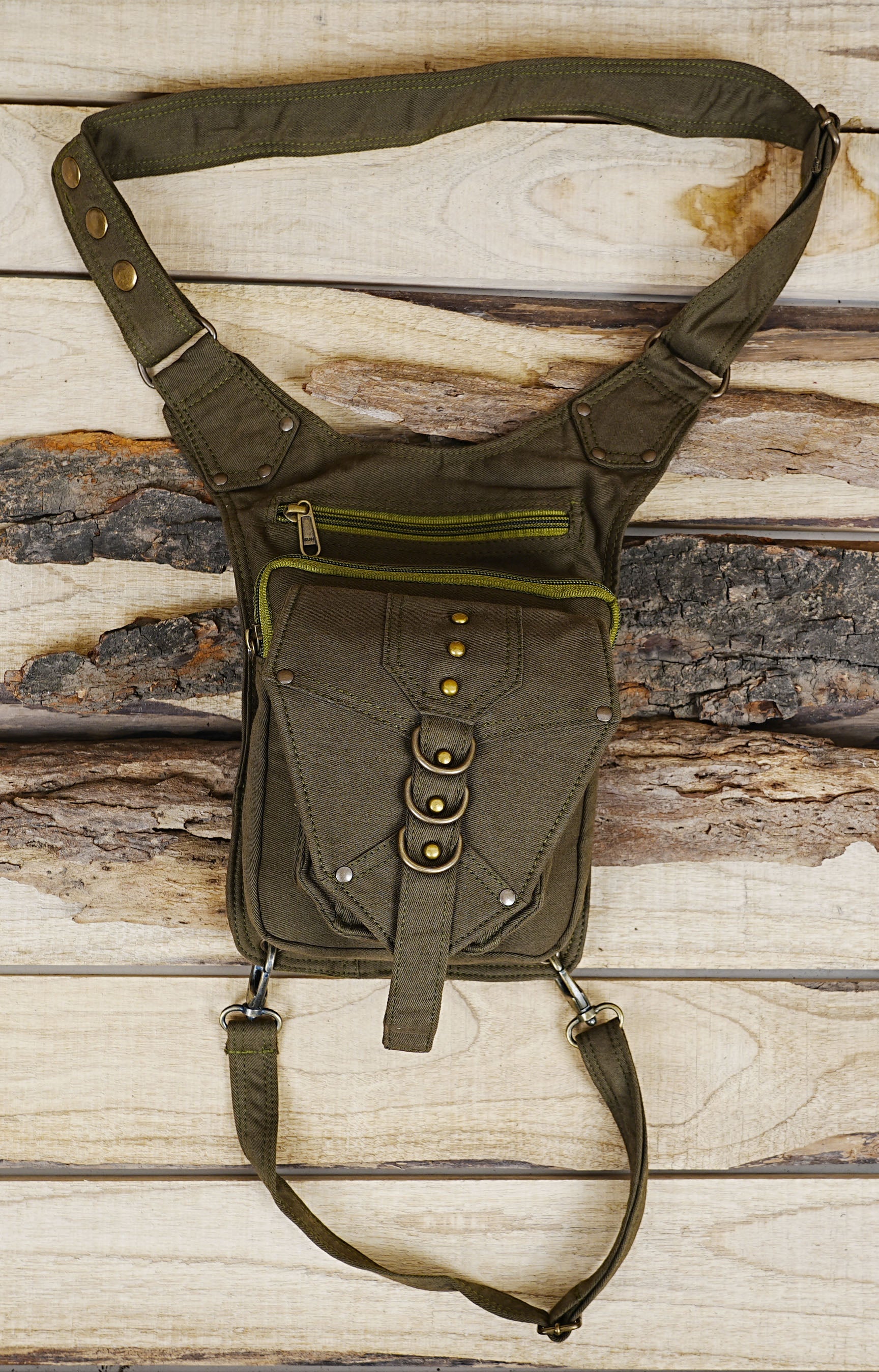 GREEN COTTON HIP BELT BAG || TRAVELLER BLACK CANVAS VEGAN || FESTIVAL UTILITY POCKET BELT |