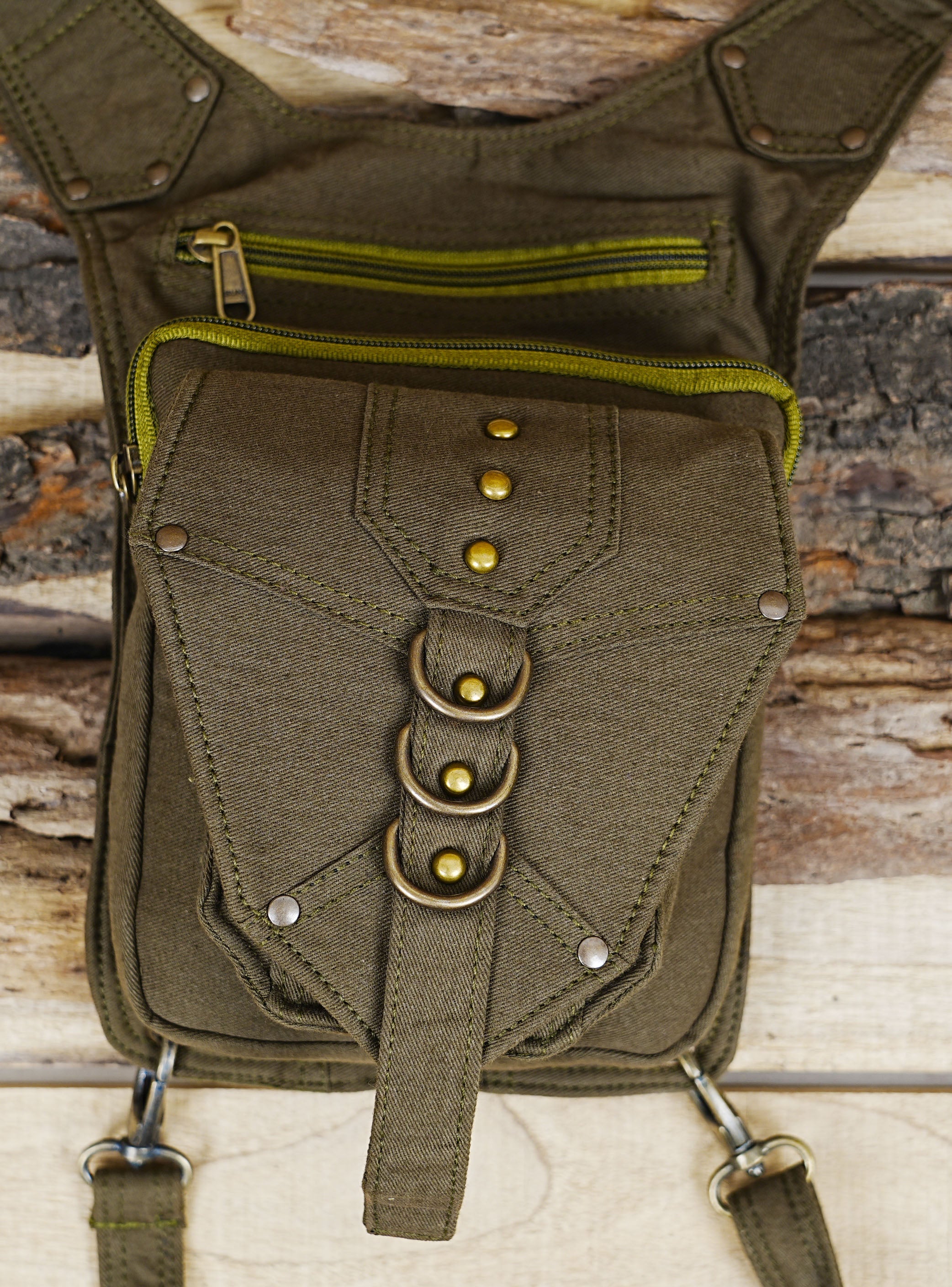 GREEN COTTON HIP BELT BAG || TRAVELLER BLACK CANVAS VEGAN || FESTIVAL UTILITY POCKET BELT |