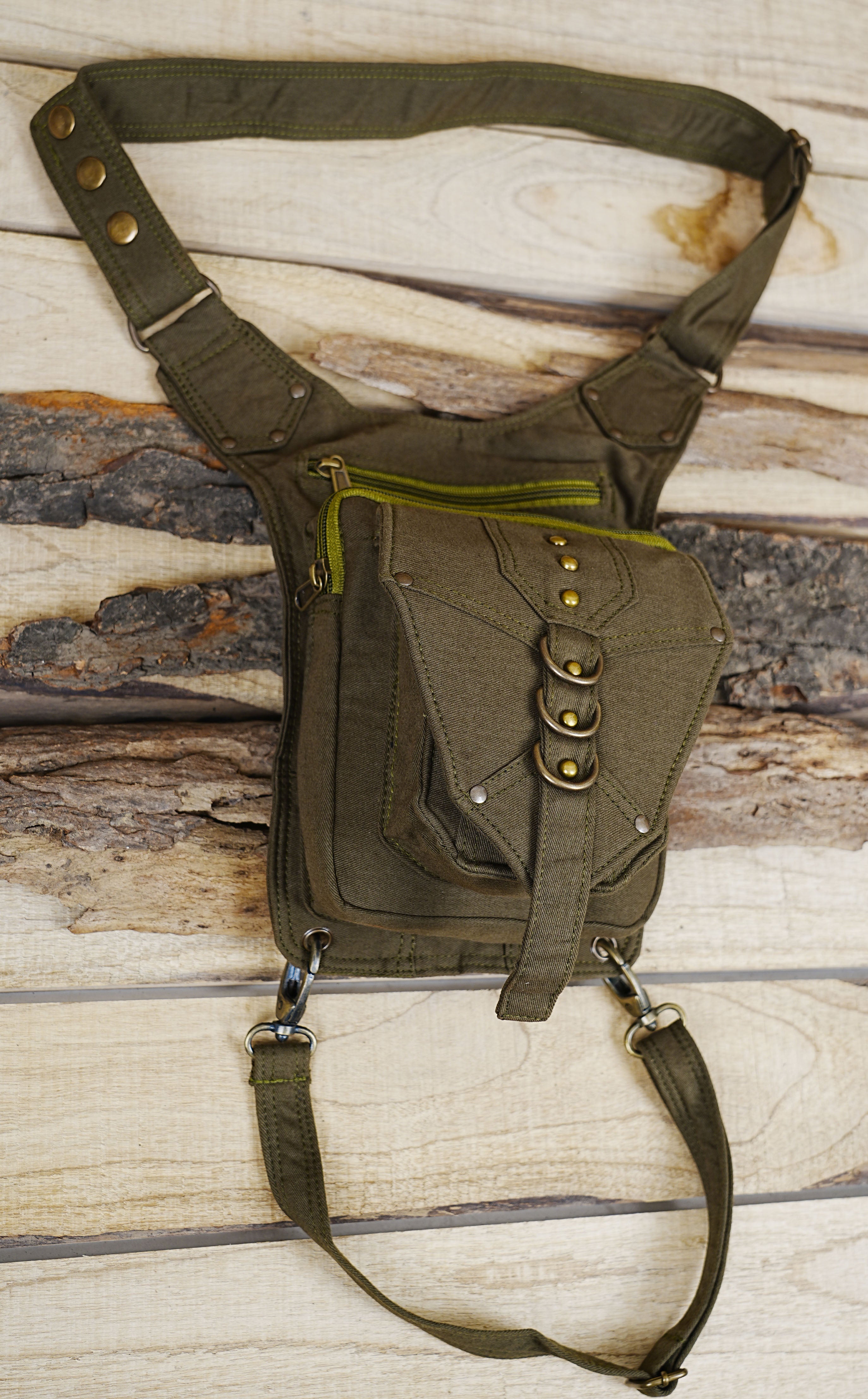 GREEN COTTON HIP BELT BAG || TRAVELLER BLACK CANVAS VEGAN || FESTIVAL UTILITY POCKET BELT |