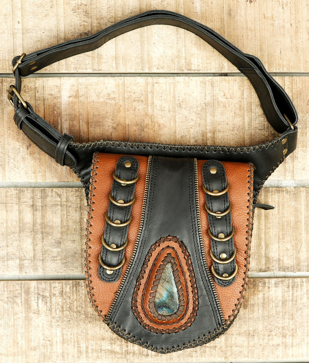 hand made leather belt hip bag with real gems stone for woman n man