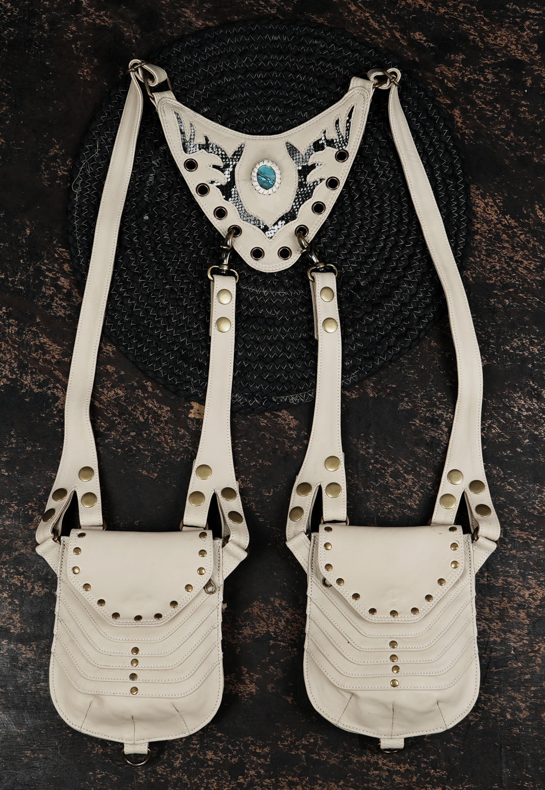 Handcrafted Black Leather Shoulder Holster with Dual Utility Pouches || Gothic Tribal Leather Shoulder Holster with Adjustable Straps (LT/AB/HLS/6091)