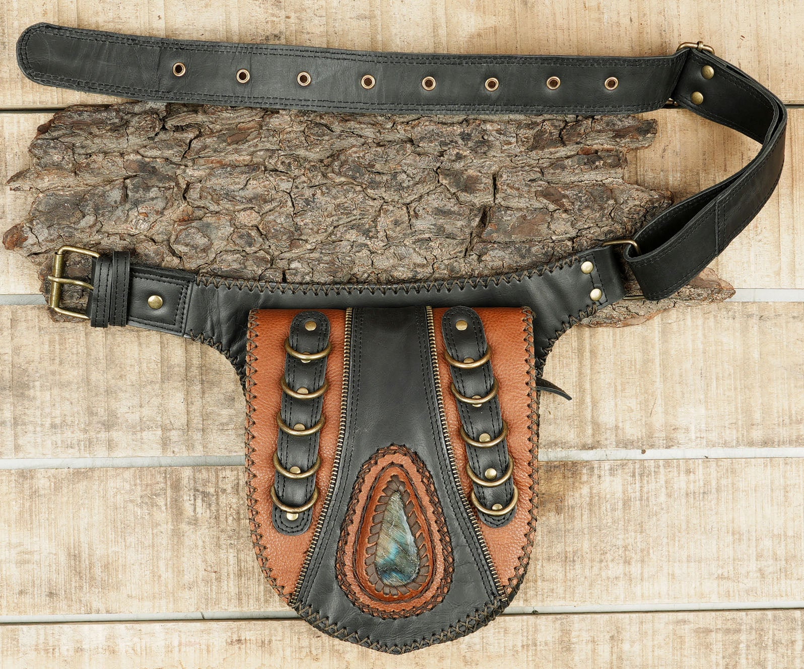 hand made leather belt hip bag with real gems stone for woman n man