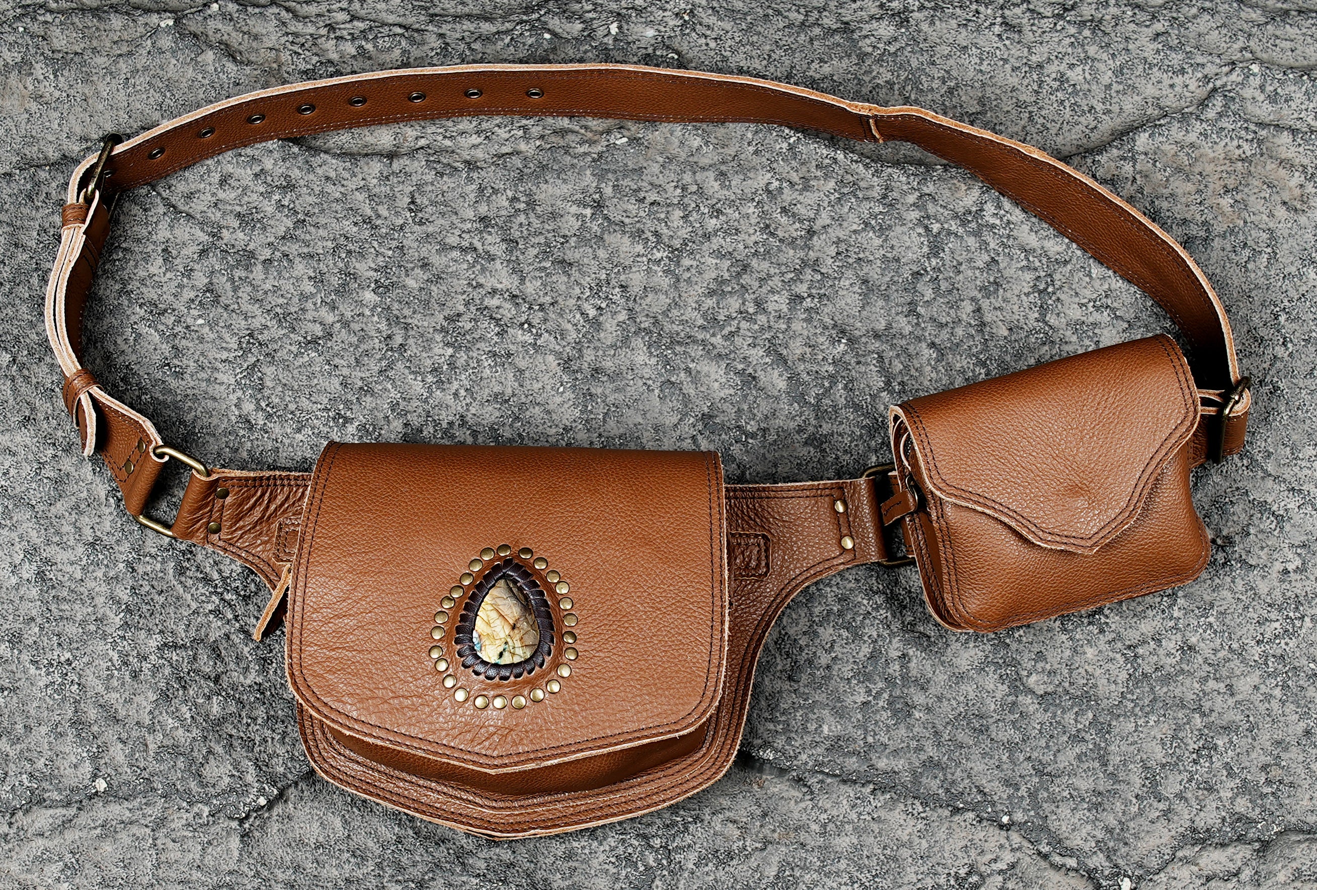 Handmade Leather Utility Belt Bag with Labradorite Stone – Adjustable Pocket Belt with Double Pouches, Festival Hip Bag