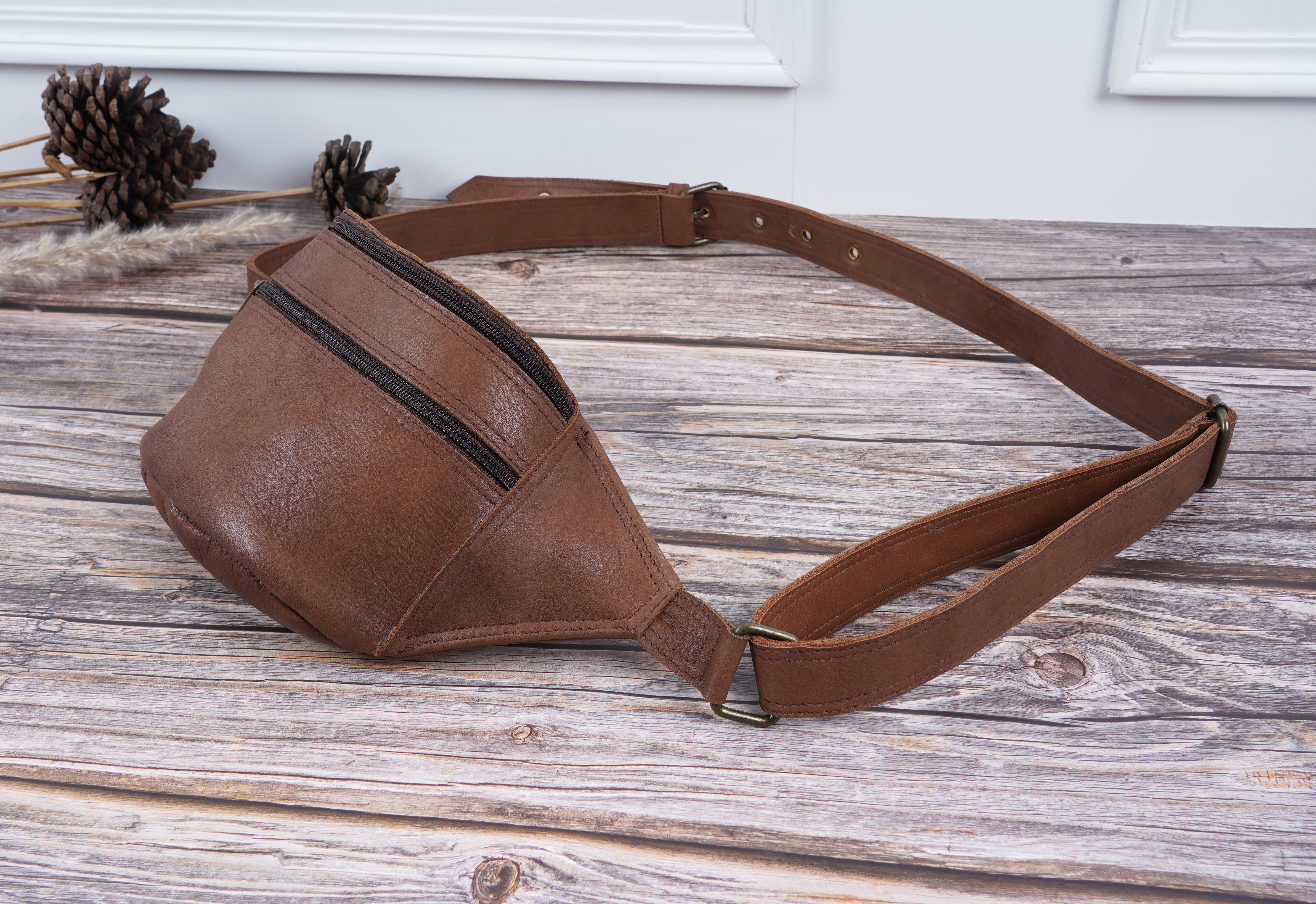 Unisex Large Brown Genuine Leather Waist Hip Bum Bag | Travel Holiday Money Belt Pouch Adjustable Waist Strap