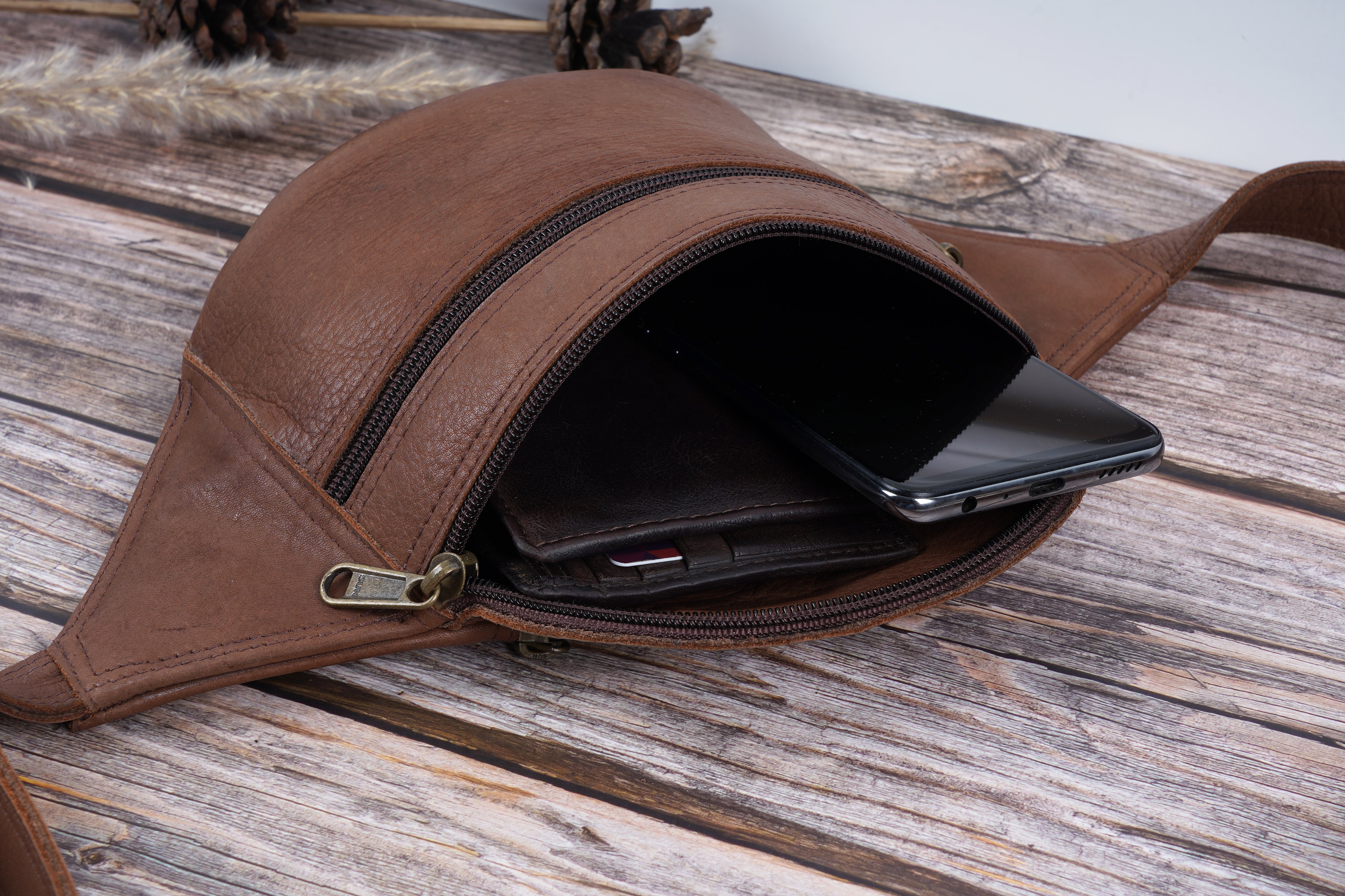 Unisex Large Brown Genuine Leather Waist Hip Bum Bag | Travel Holiday Money Belt Pouch Adjustable Waist Strap