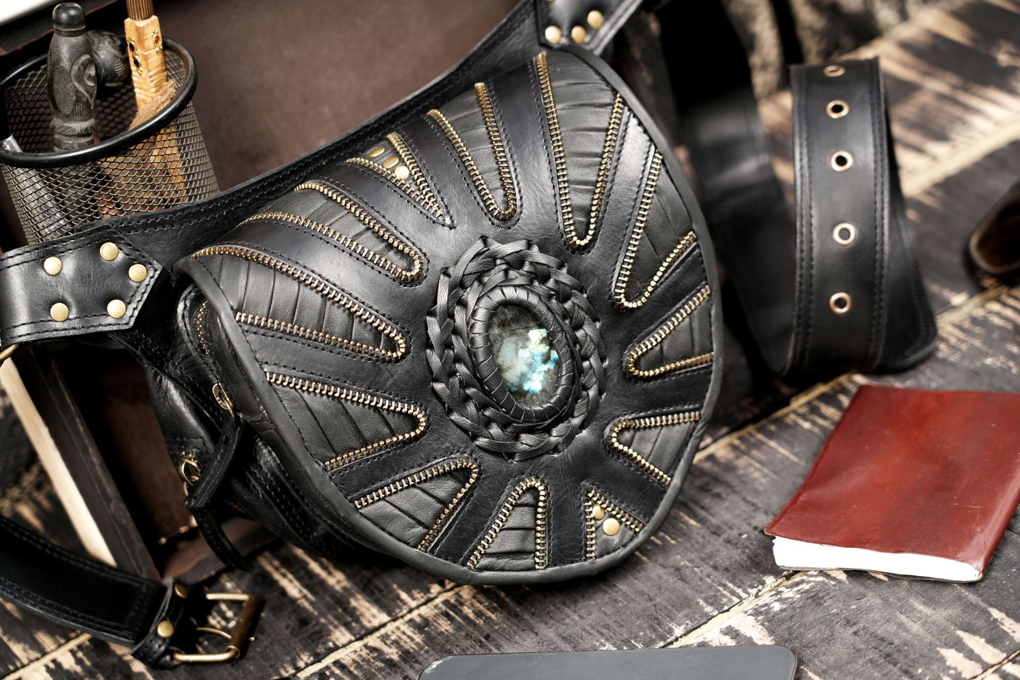 Leather waist belt with metal rivets