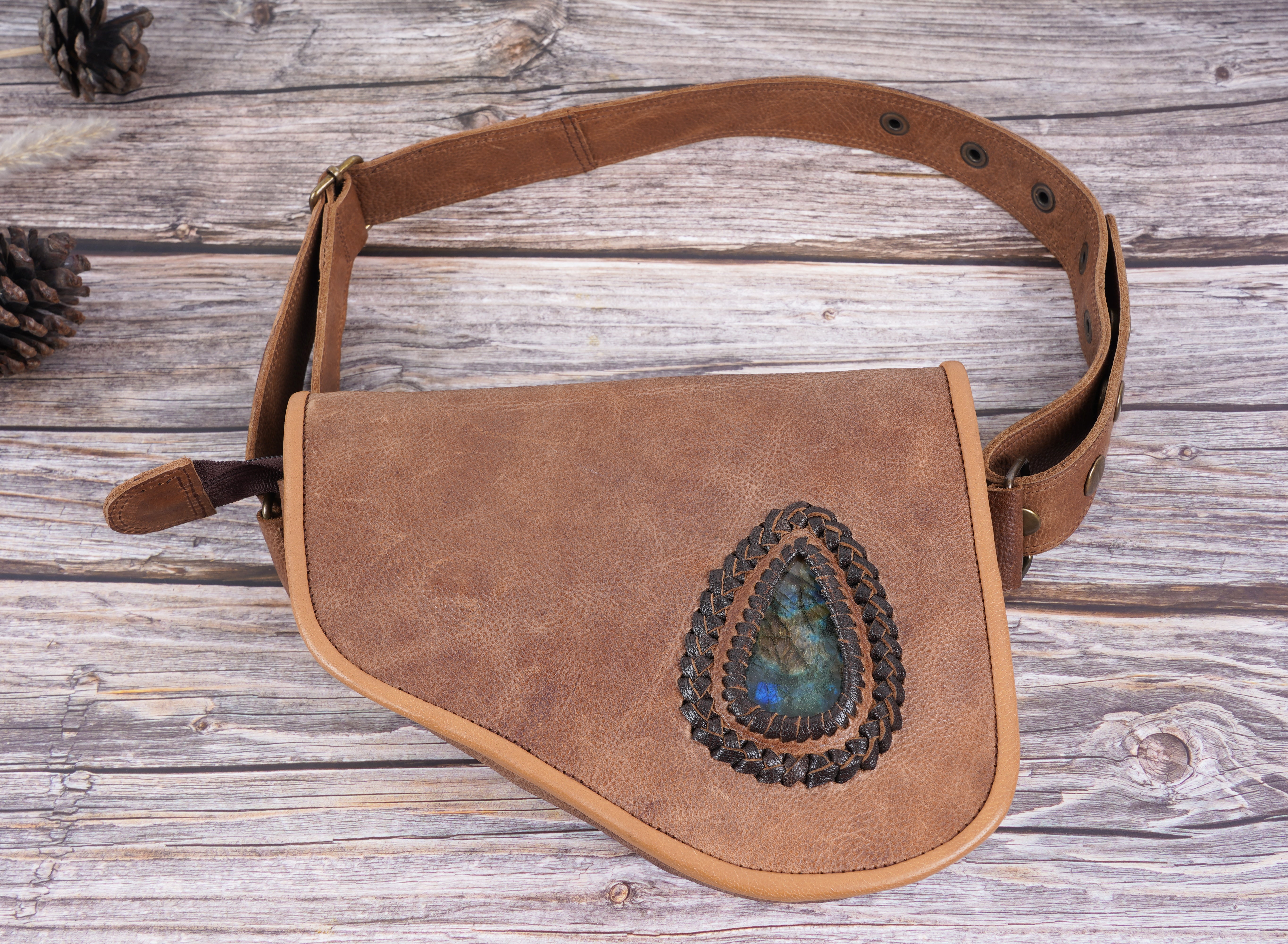 Leather Utility Waist Belt Bag || Hip Belt with real gemstone || Festival Fanny Pack for Women || Gift for her