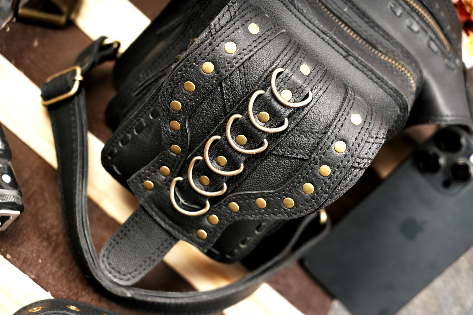 Leather leg bag belt designed for hands free carry