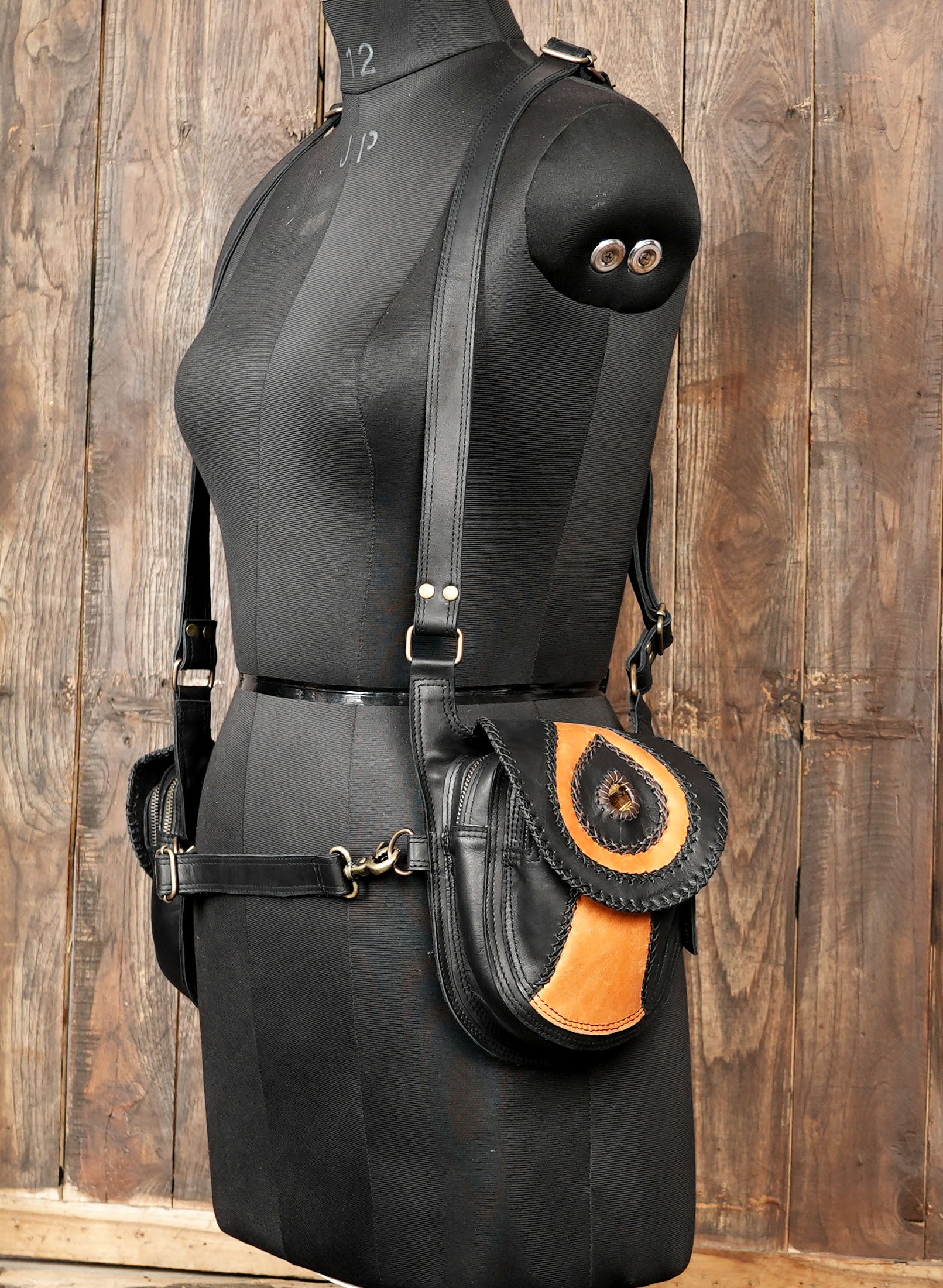Festival leather harness with dual utility pockets