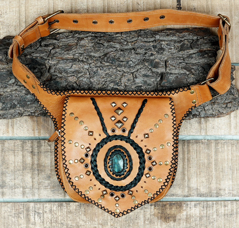Handcrafted boho waist pouch with tribal stud pattern
