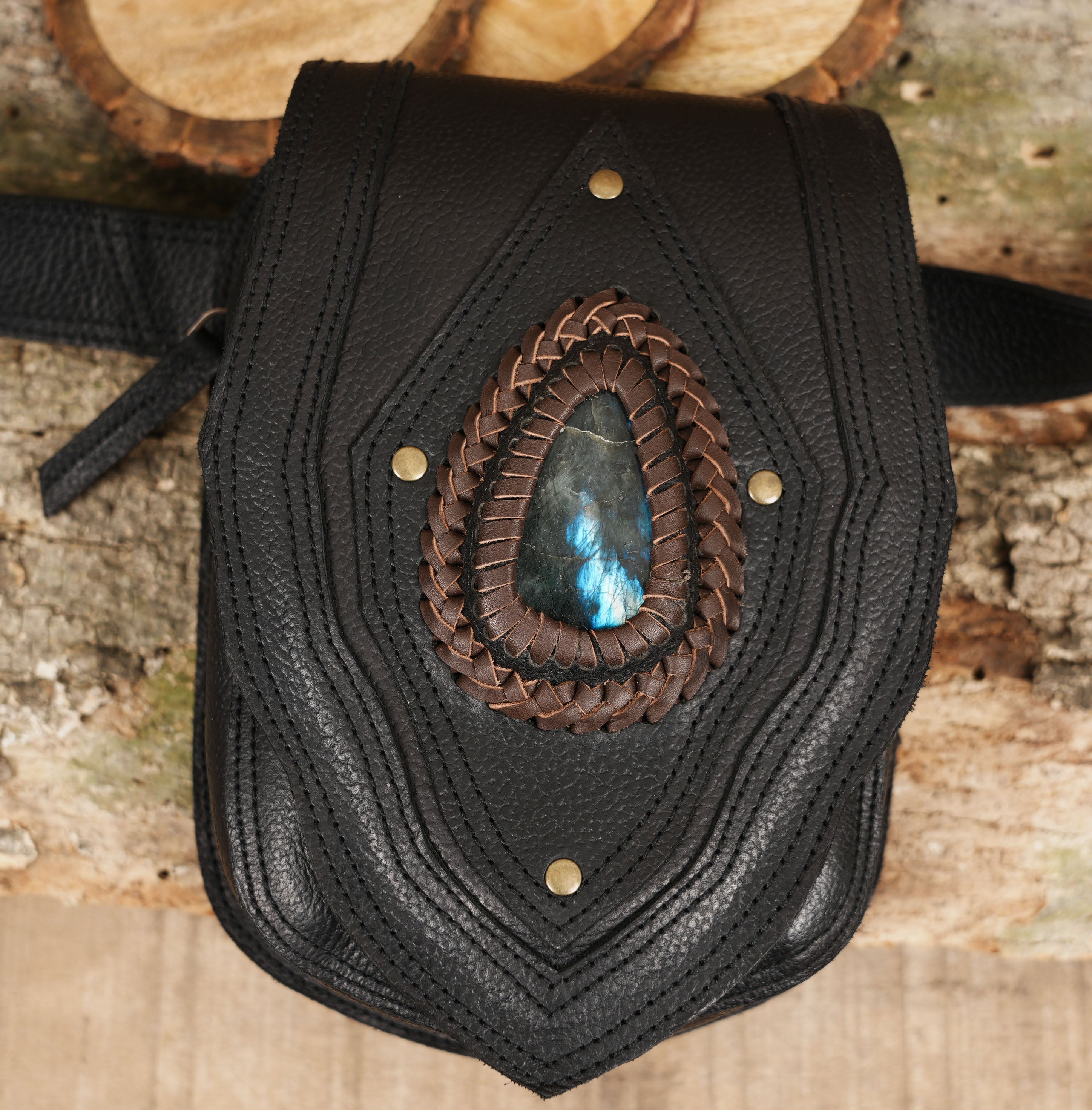 "Bohemian Leather Hip Belt - Whimsical Boho Statement Piece" Handmade Genuine Leather Fanny Pack with real gemstone"