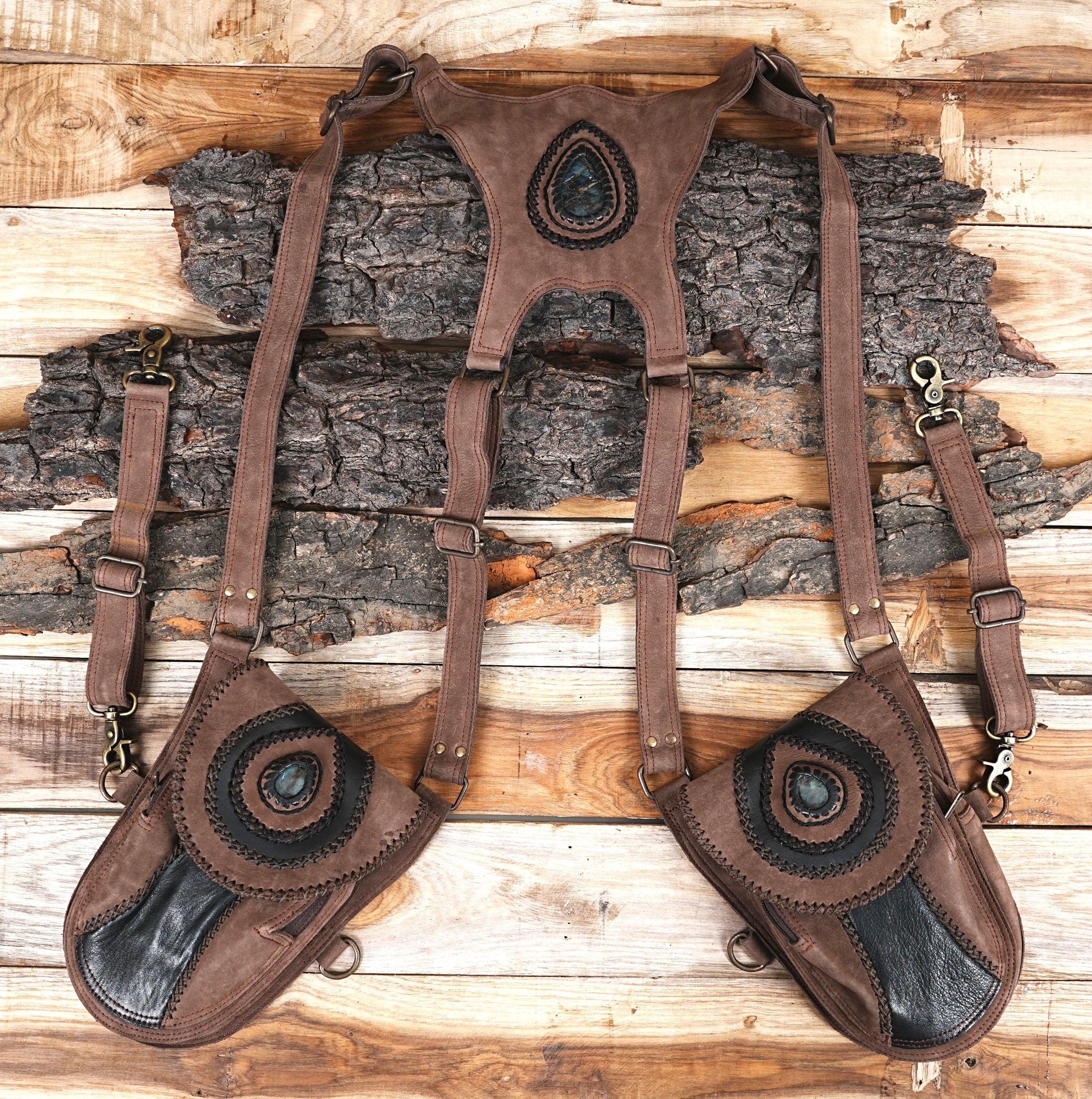 Handmade leather chest holster with gemstone detail