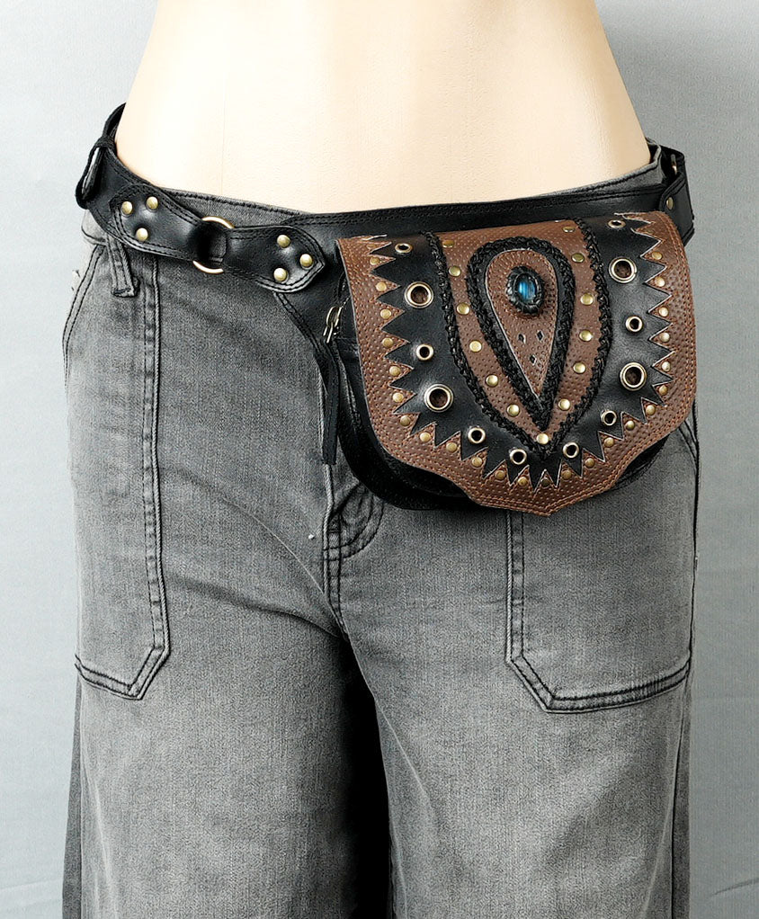 Leather Waist Belt featuring Antique Brass Hardware and Multiple Pockets