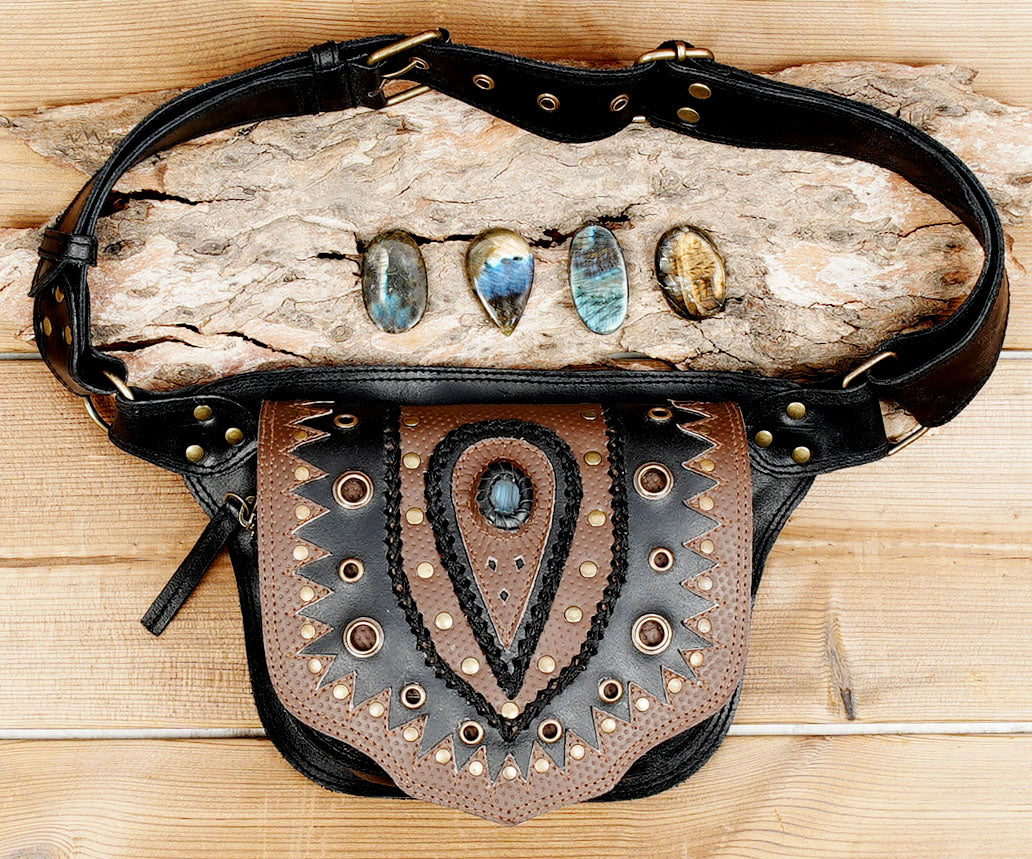 Leather Waist Belt featuring Antique Brass Hardware and Multiple Pockets