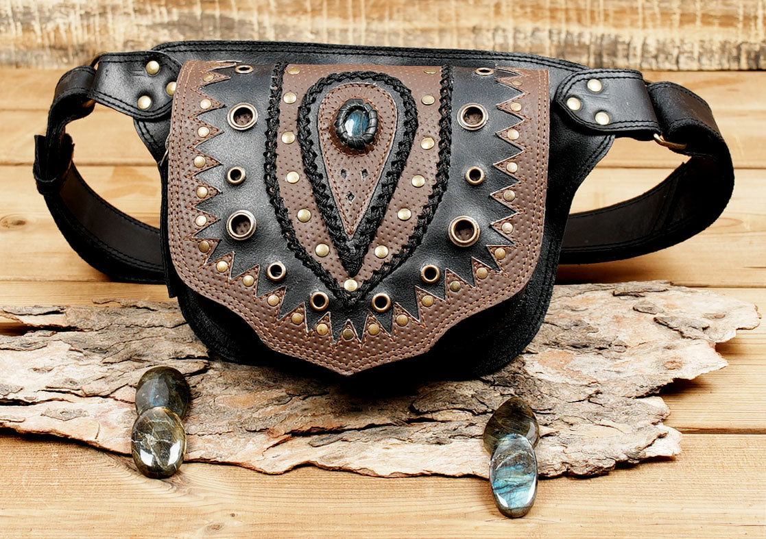 Leather Waist Belt with Antique Brass and Labradorite Gemstone 50% Off worldwide free shipping