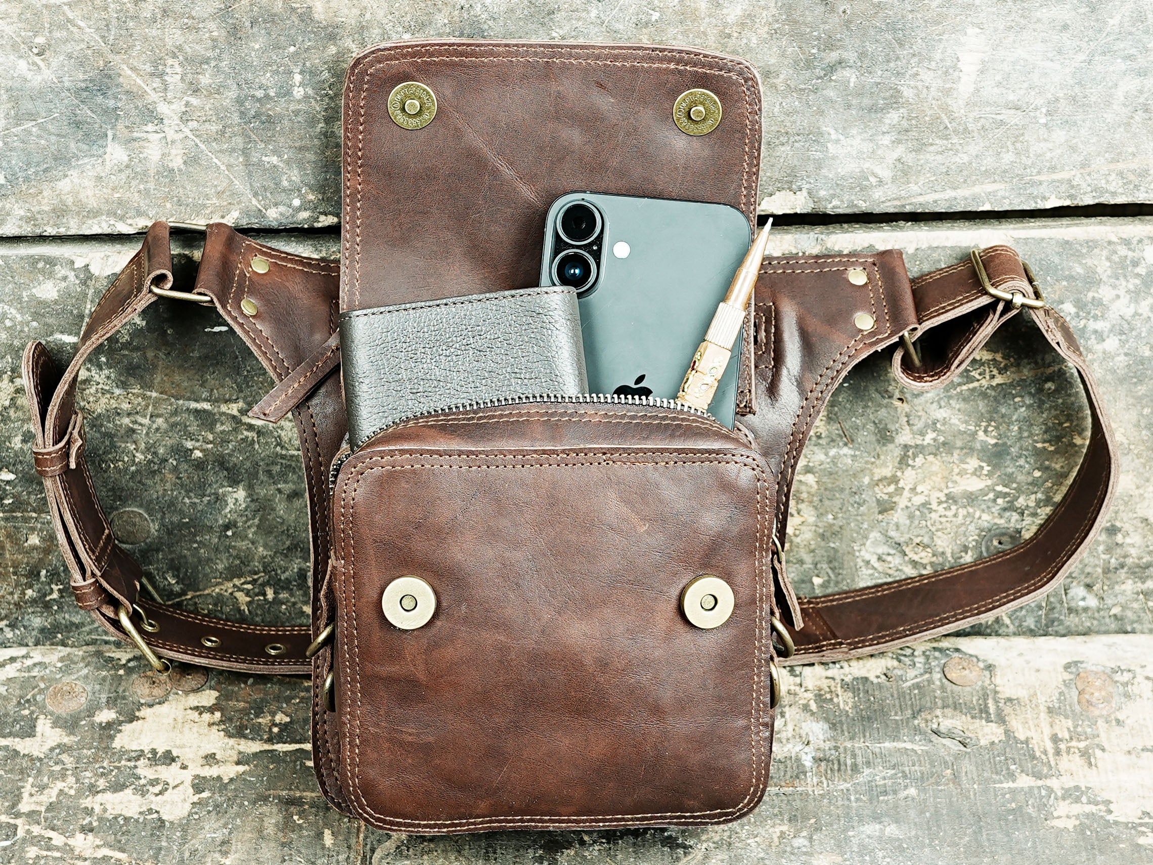 Brown leather waist bag with front pocket