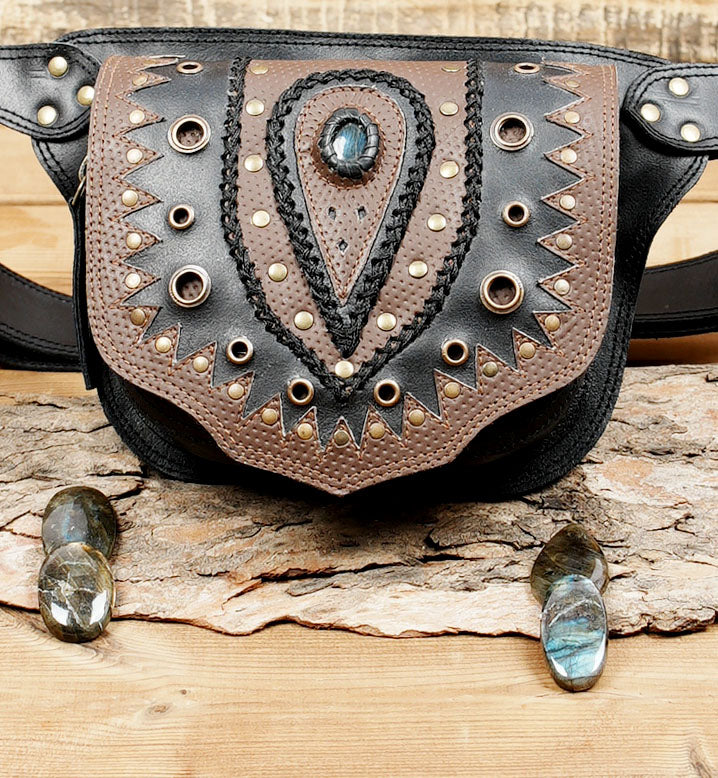 Leather Waist Belt featuring Antique Brass Hardware and Multiple Pockets