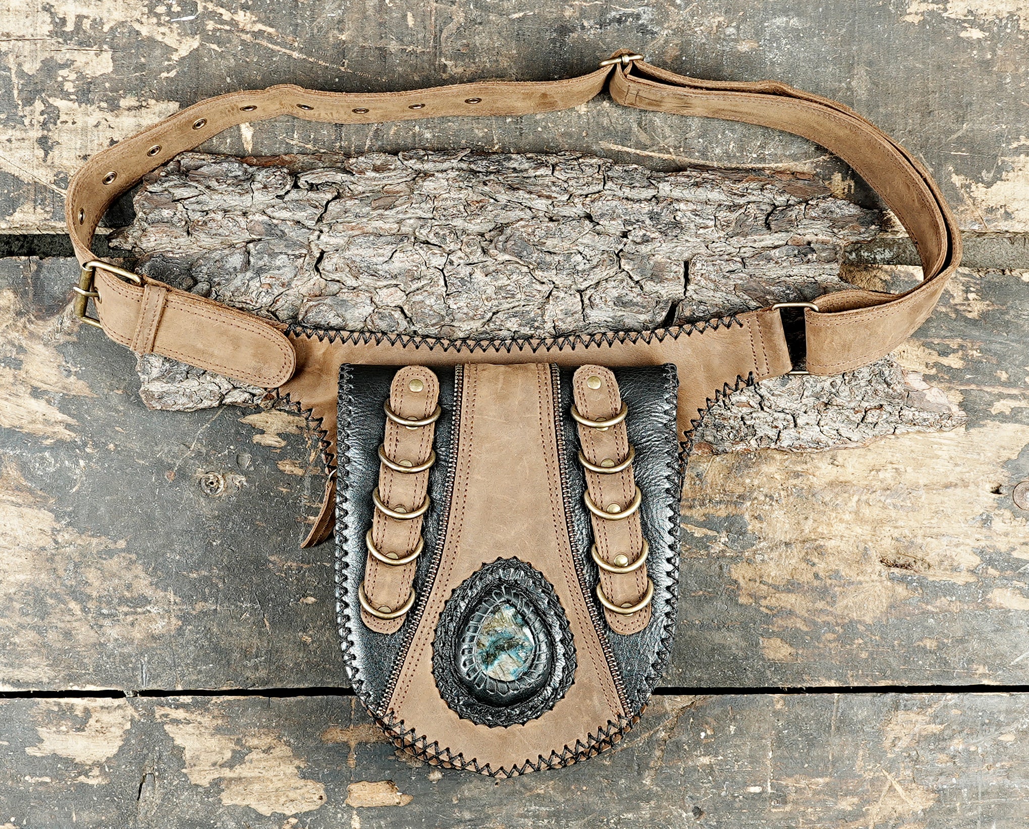 Brown Leather Waist Belt Bag Labradorite Stone Festival Hip Pouch Antique Brass