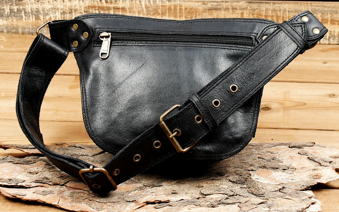 Leather Waist Belt featuring Antique Brass Hardware and Multiple Pockets