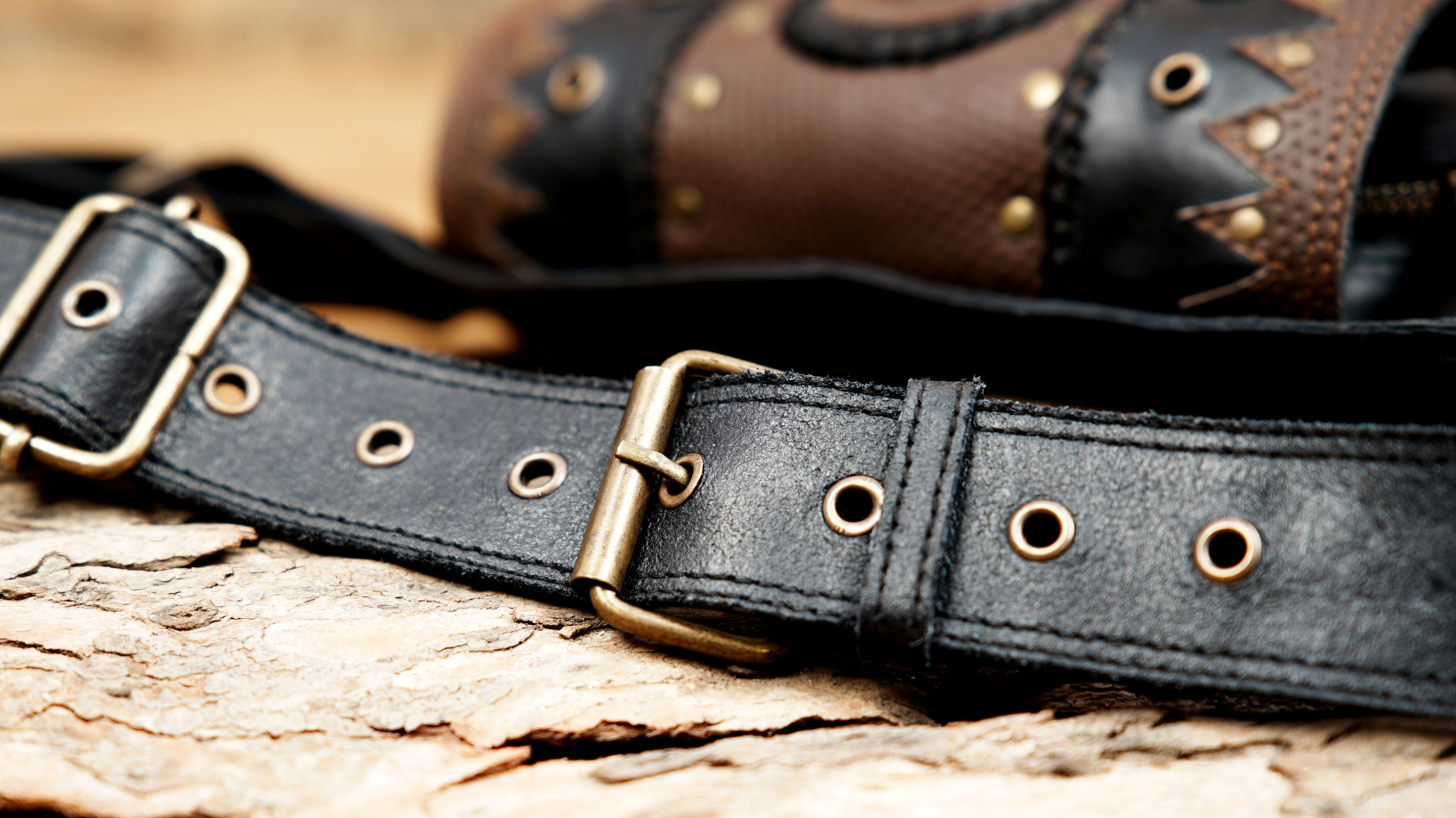 Leather Waist Belt featuring Antique Brass Hardware and Multiple Pockets