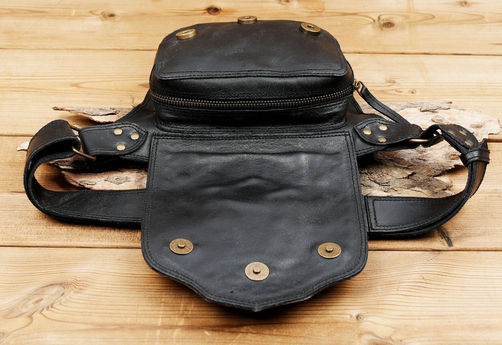 Leather Waist Belt featuring Antique Brass Hardware and Multiple Pockets