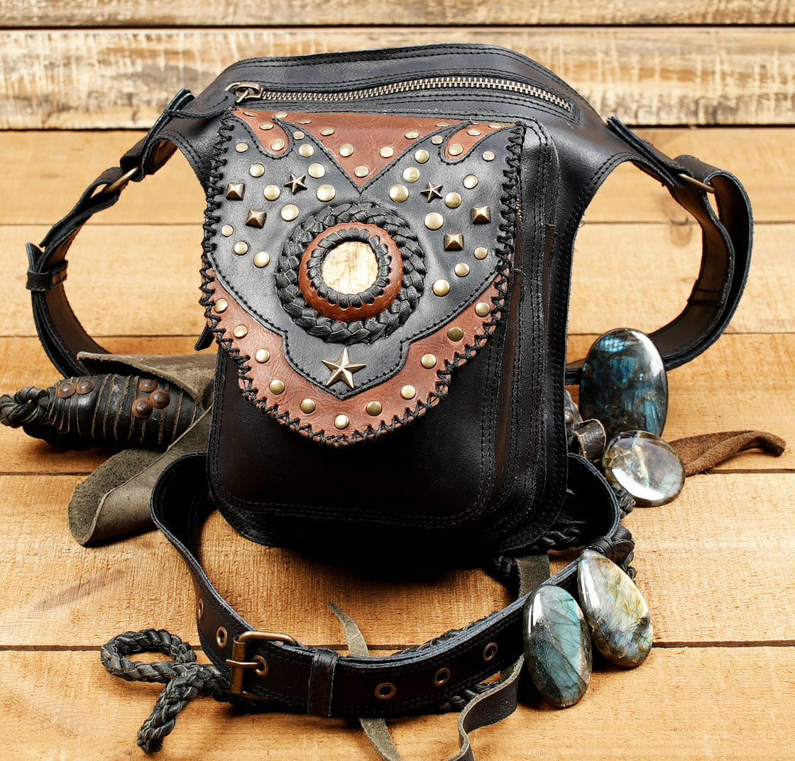 Leather Waist Belt with thigh straps Antique Brass and Labradorite Gemstone 50% Off worldwide free shipping