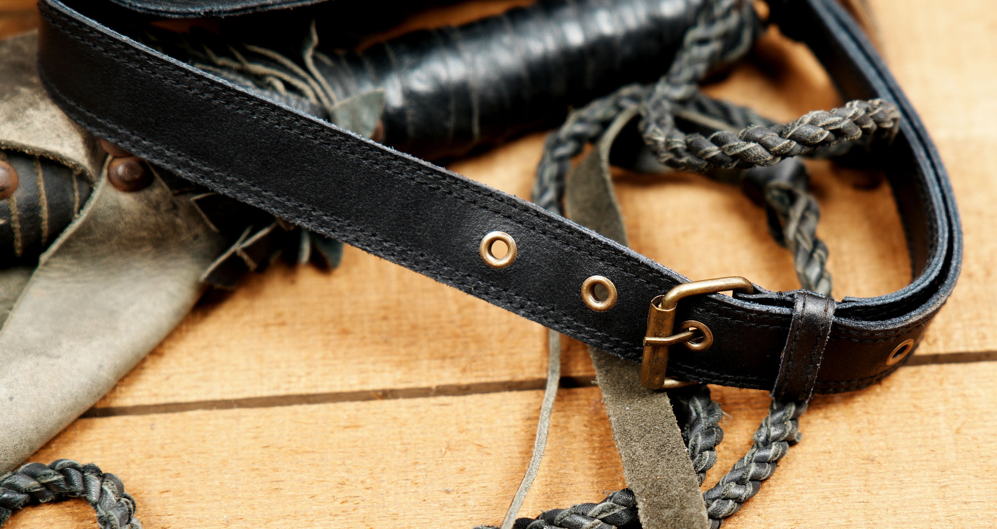 Leather Waist Belt with Thigh Belt and Antique Brass Hardware.