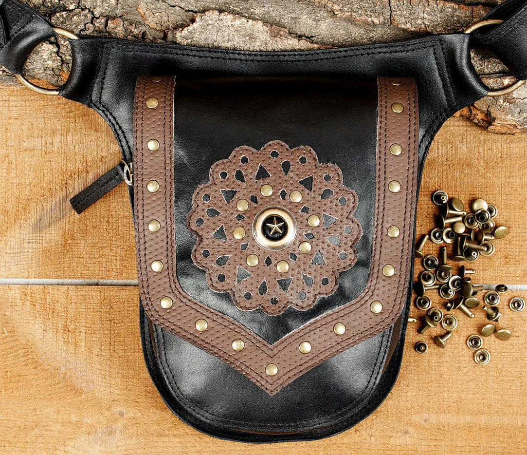 Leather Waist Belt with Antique Brass Studs and Multiple Pockets 50% Off worldwide free shipping