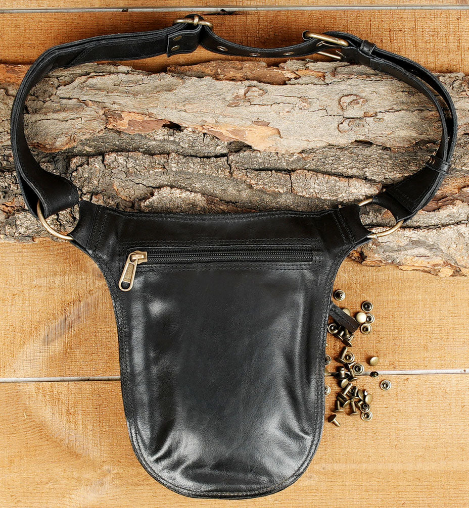 Leather Waist Belt with Antique Brass Studs and Multiple Pockets 50% Off worldwide free shipping