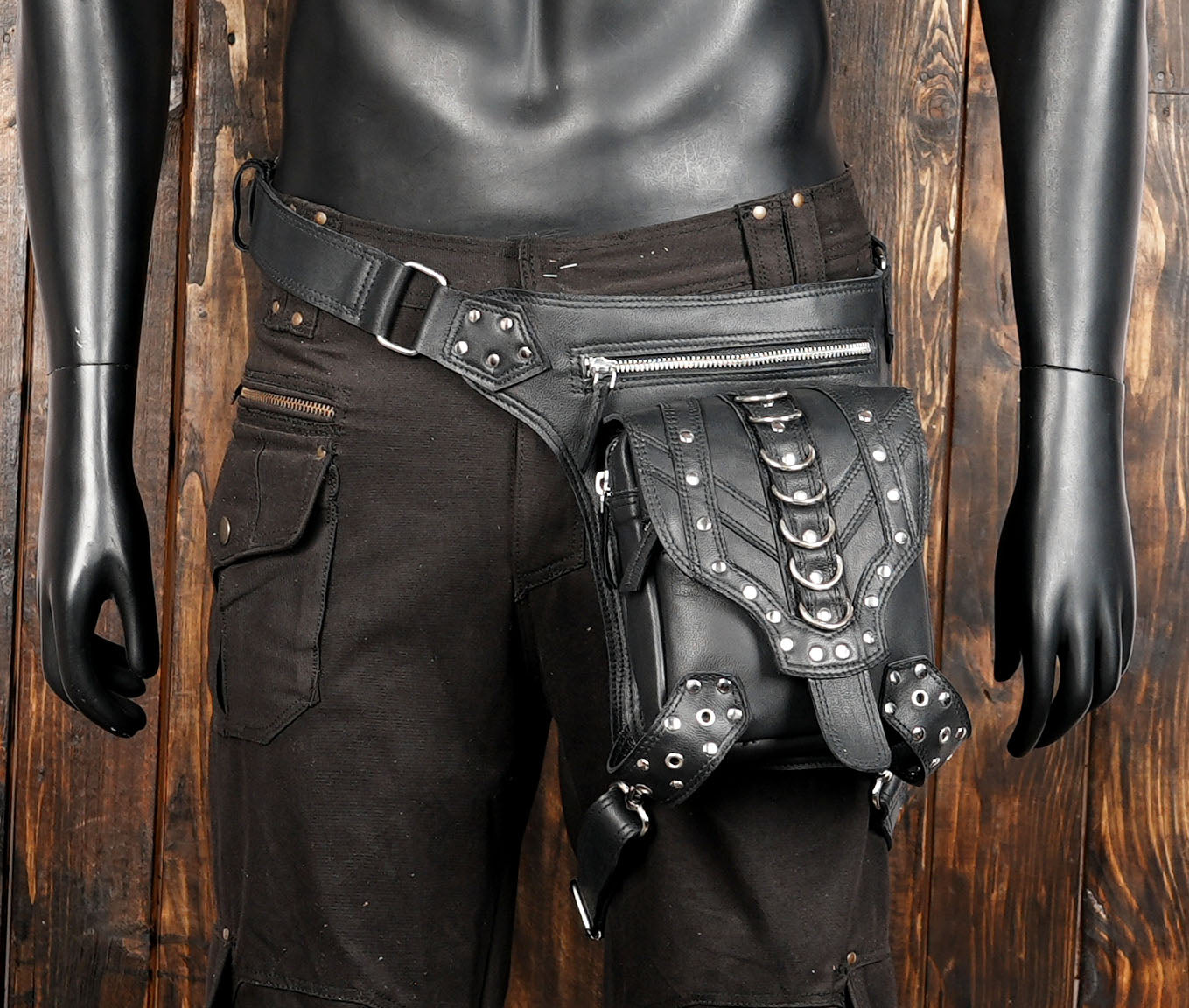 Black leather hip pouch belt with harness-style thigh strap