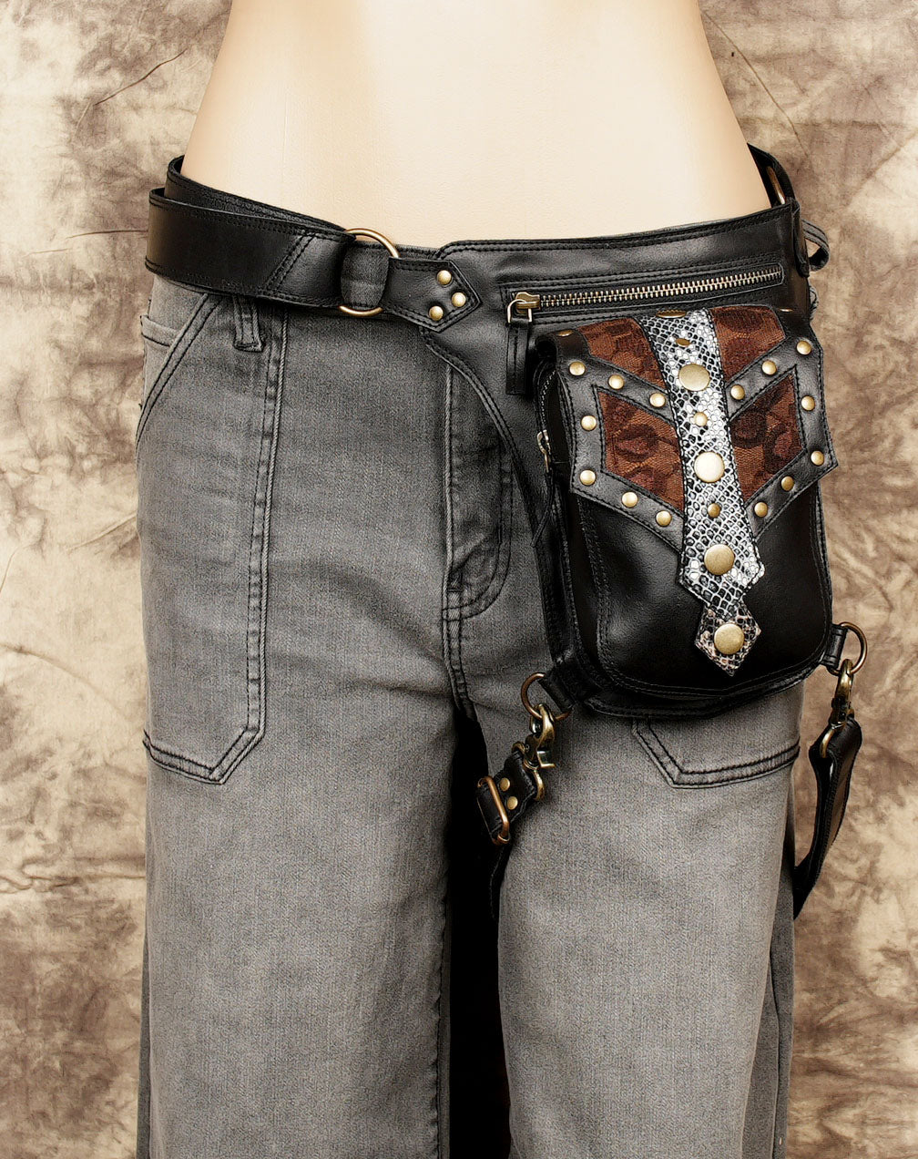 Leather Waist Belt with Thigh Straps and Antique Brass Hardware.