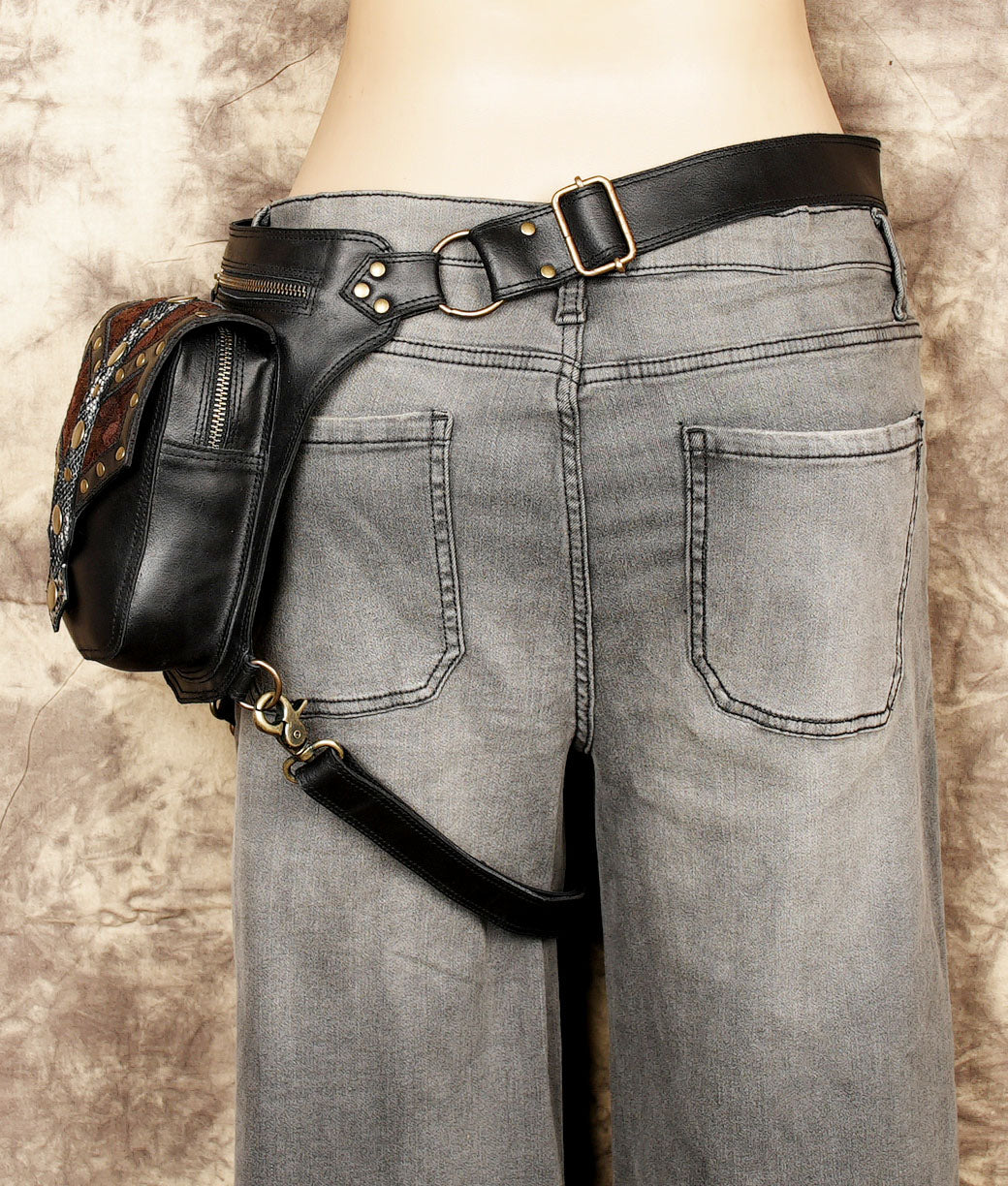 Leather Waist Belt with Thigh Straps and Antique Brass Hardware.