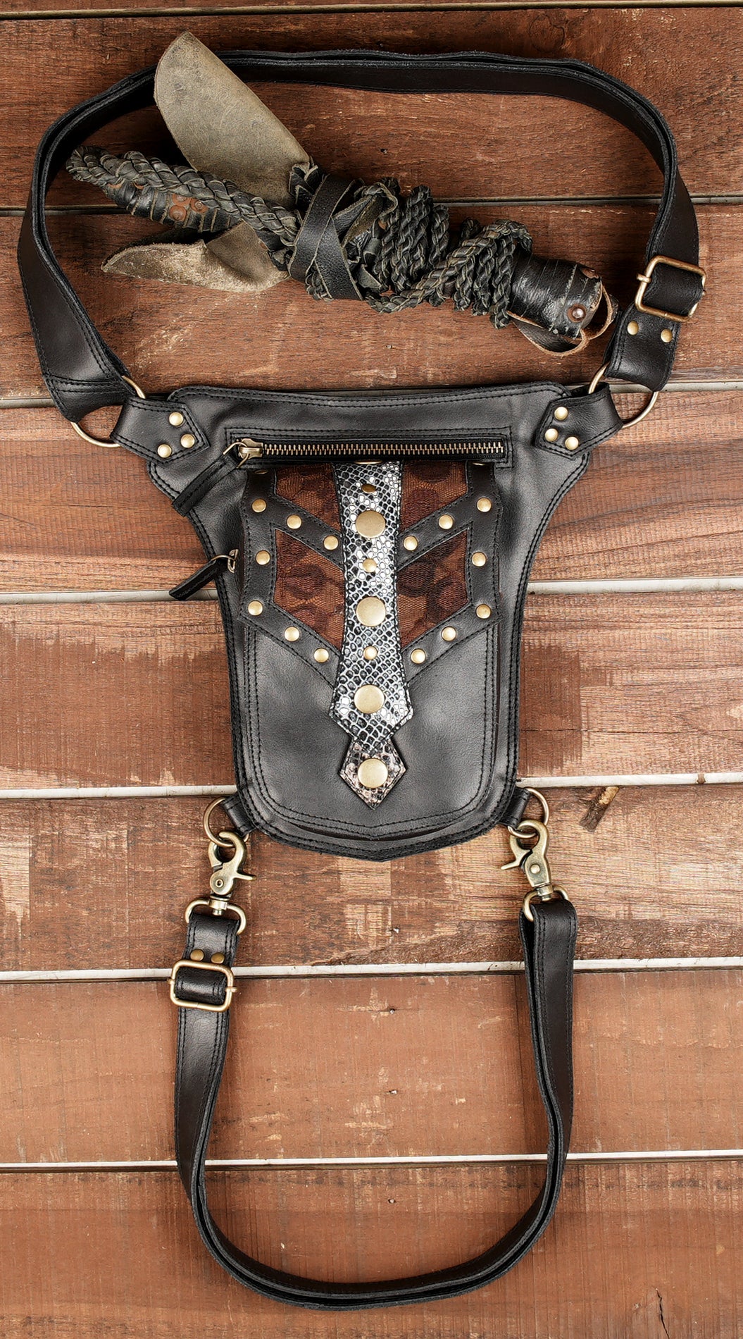 Leather Waist Belt with Thigh Straps and Antique Brass Hardware.