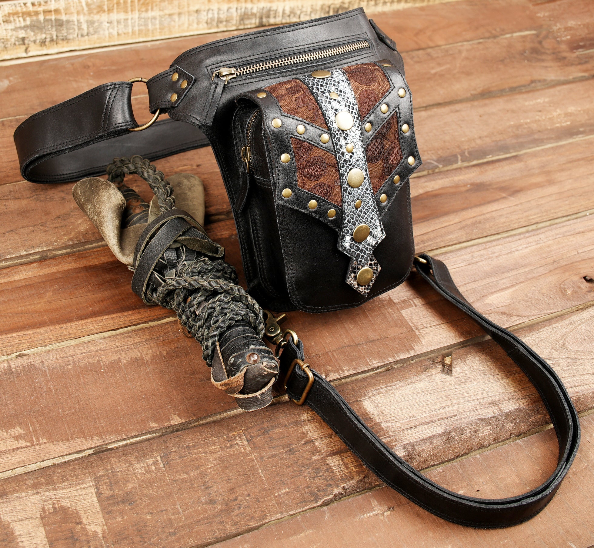 Leather Waist Belt with Thigh Straps and Antique Brass Hardware.