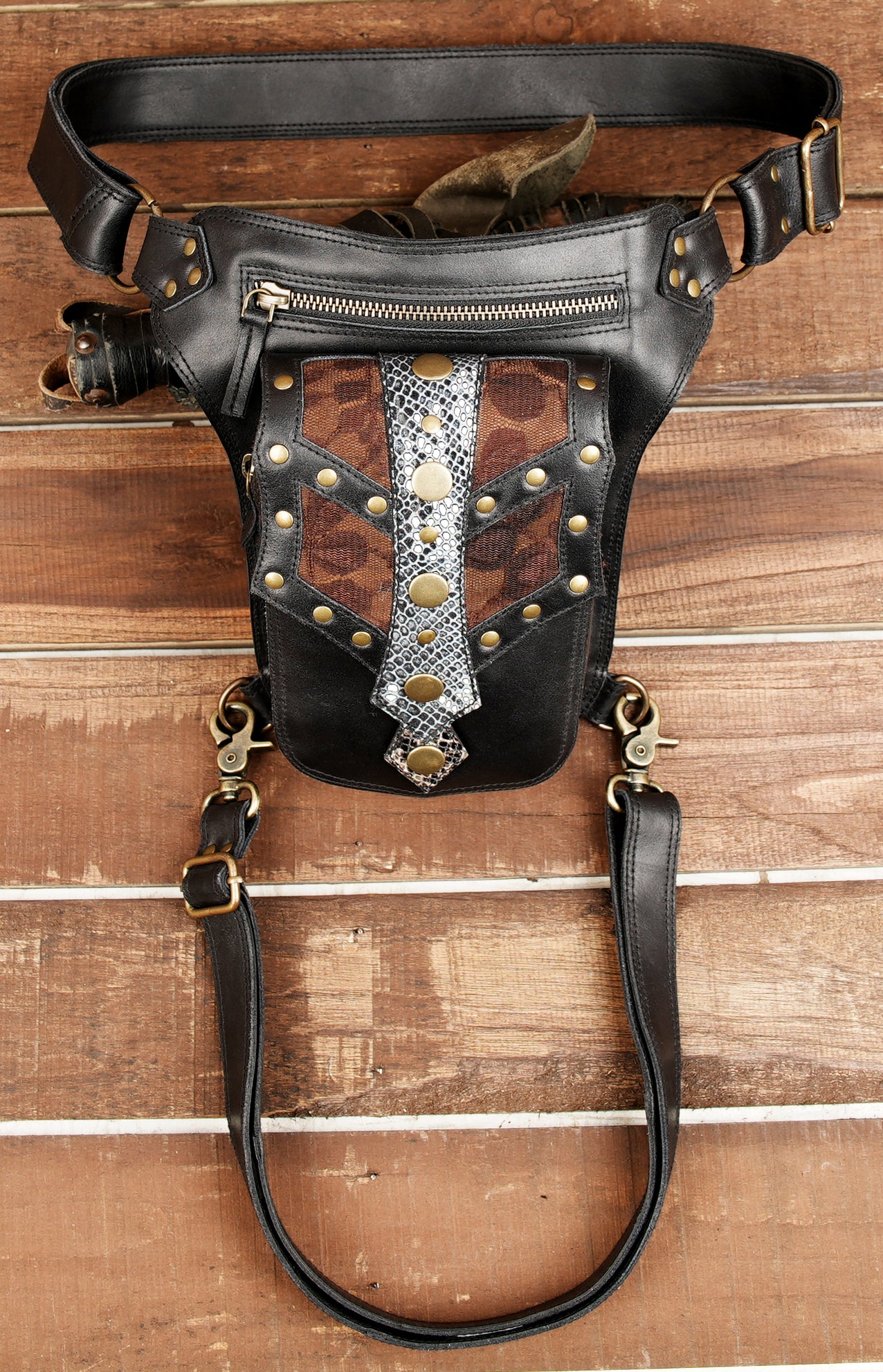 Leather Waist Belt with Thigh Straps and Antique Brass Hardware.