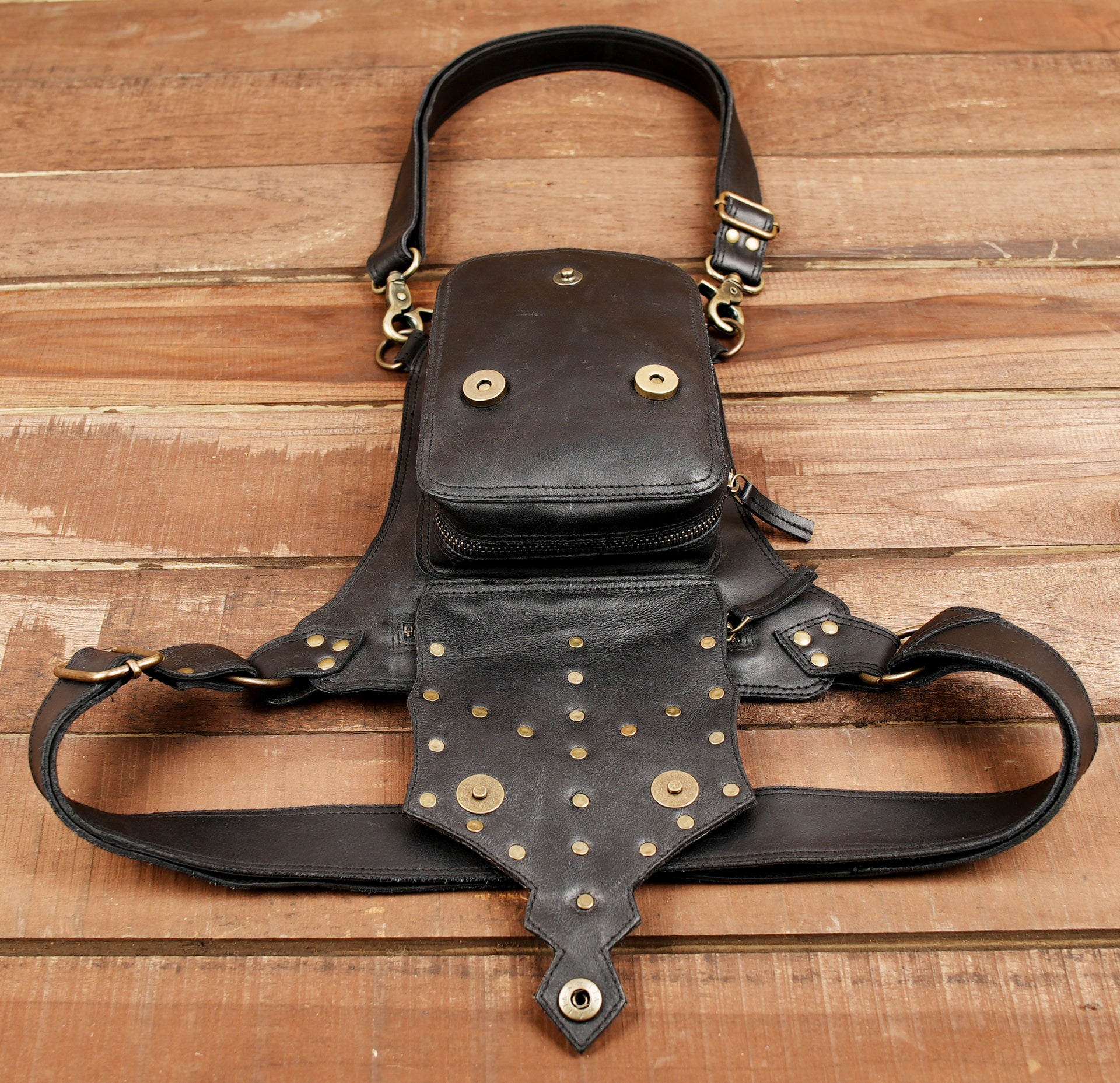 Leather Waist Belt with Thigh Straps and Antique Brass Hardware.